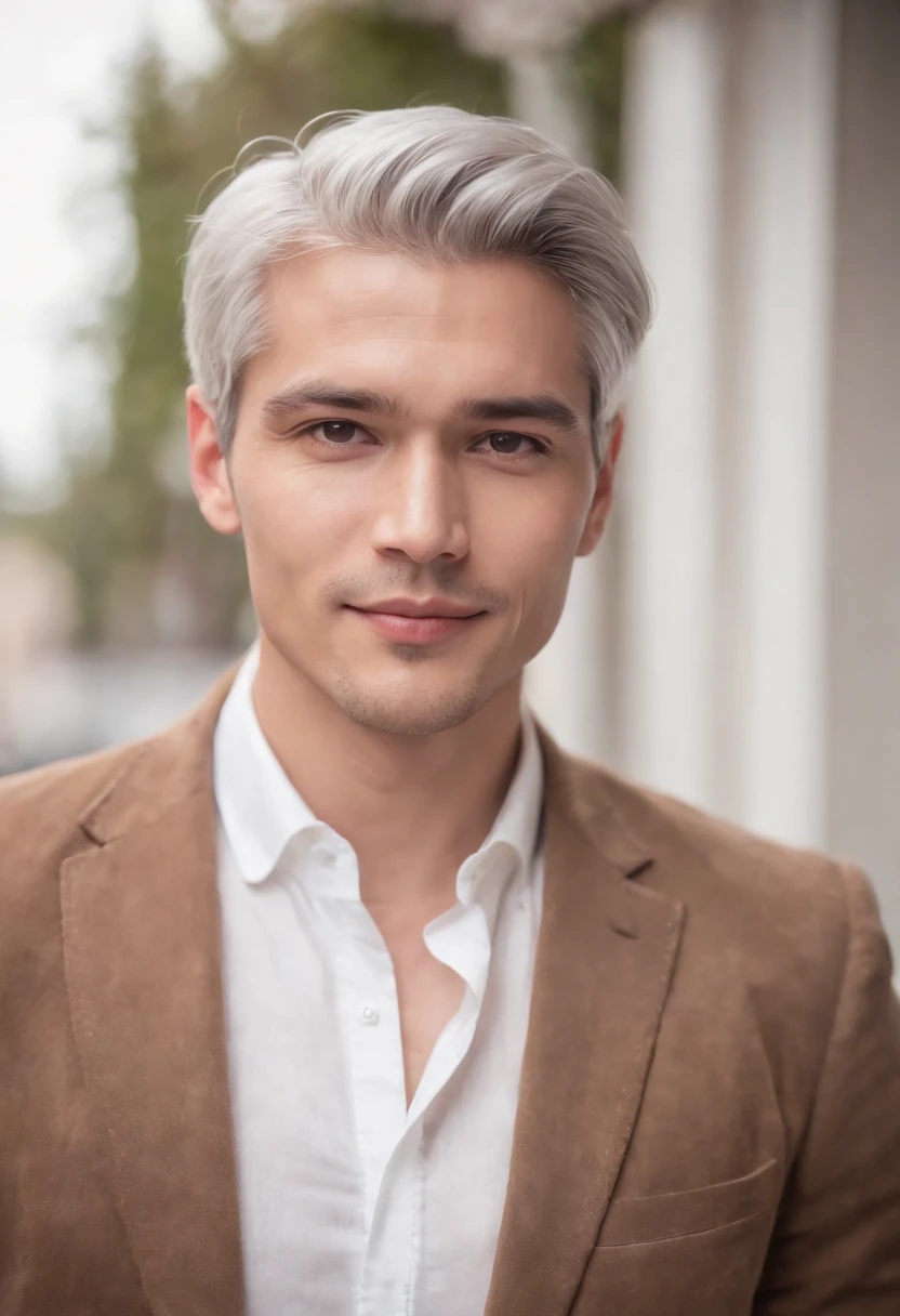 Portrait of handsome man 30 years old round face cinematic appearance、Silver Hair、Brown jacket、White button-down shirt、kindly smile、