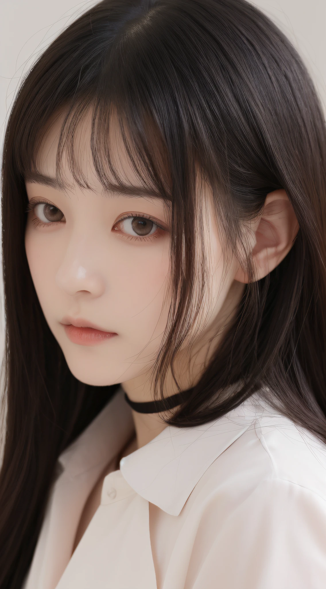 1 adult female, (up of face:1.5), Black hair, Blunt bangs, hair behind ear, hair over shoulder, Long hair, Ultra Fine Face, Thin face, Delicate lips, (beautidful eyes:1.5), thin blush, eyes are light brown,View here, (Hands hide), formal jackets, a choker ,Port Area ,One-person viewpoint, 8K, masutepiece, nffsw, Super Detail, High quality, Best Quality, hight resolution,
