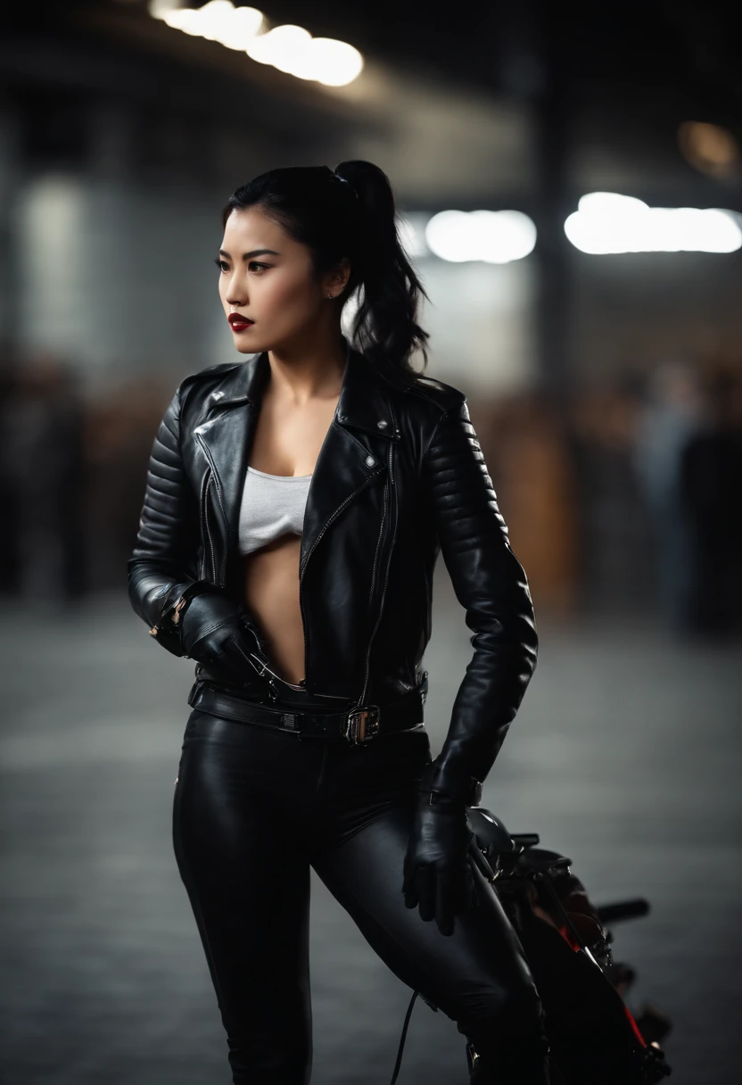 Black leather gloves, black hair ponytail, Japanese girls, black leather riders jacket, upper body