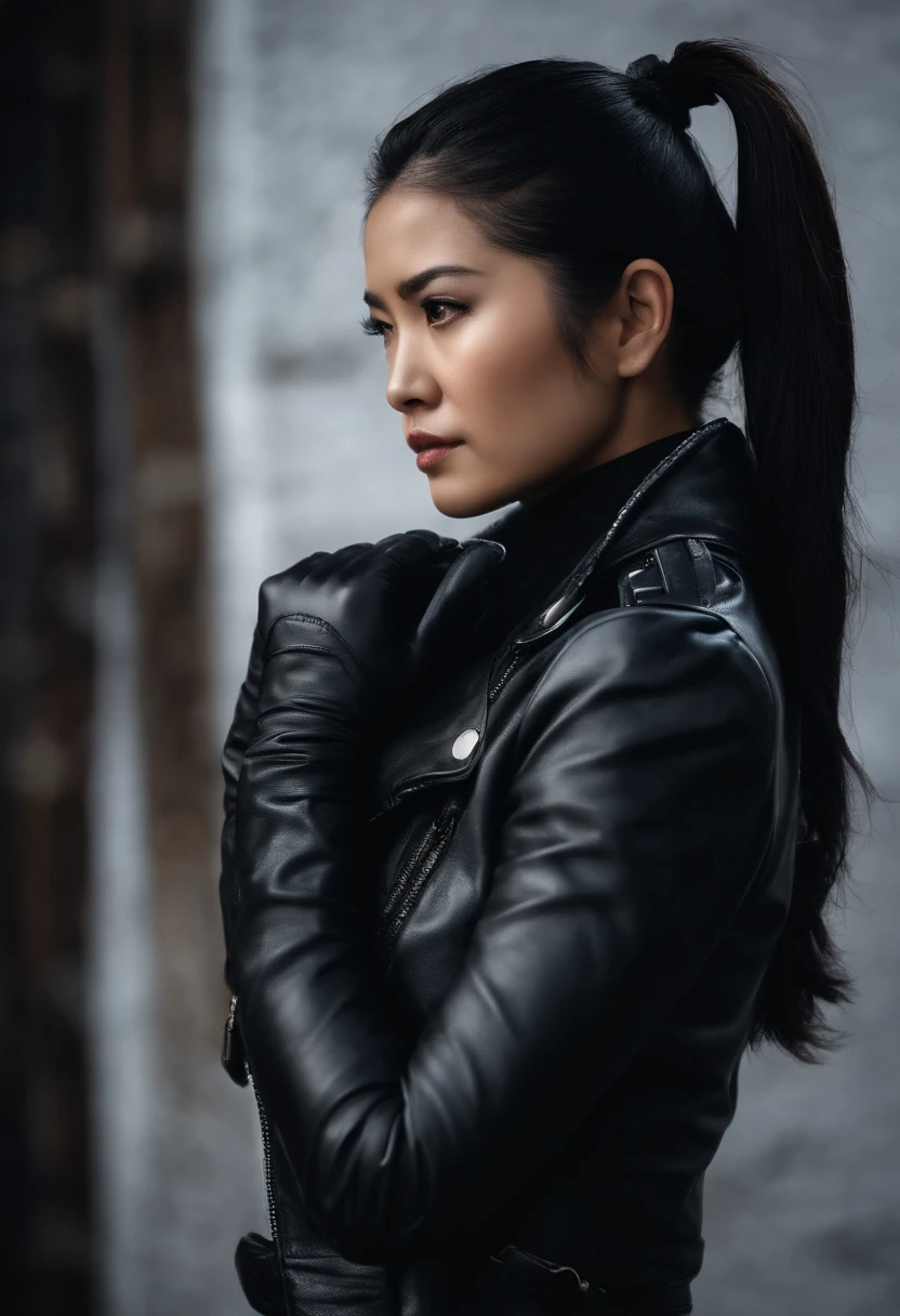 Black leather gloves, black hair ponytail, Japanese girls, black leather riders jacket, upper body