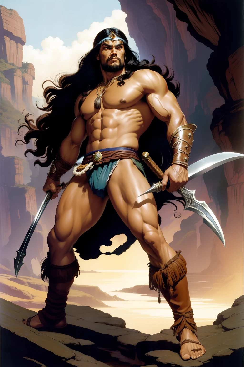um close up um homem com uma espada, Conan, Illustration by Conan, the Barbarian, Conan, the Barbarian, frank frazetta manga style, Full body standing boldly near a gorge, the Barbarian, Jason Momoa como Conan, Estilo Frank Frazetta , Marcos Brooks Frank Frazetta, Mike Ploog, John Buscema, Marcos Schultz, Marcos Silvestri, barbarous