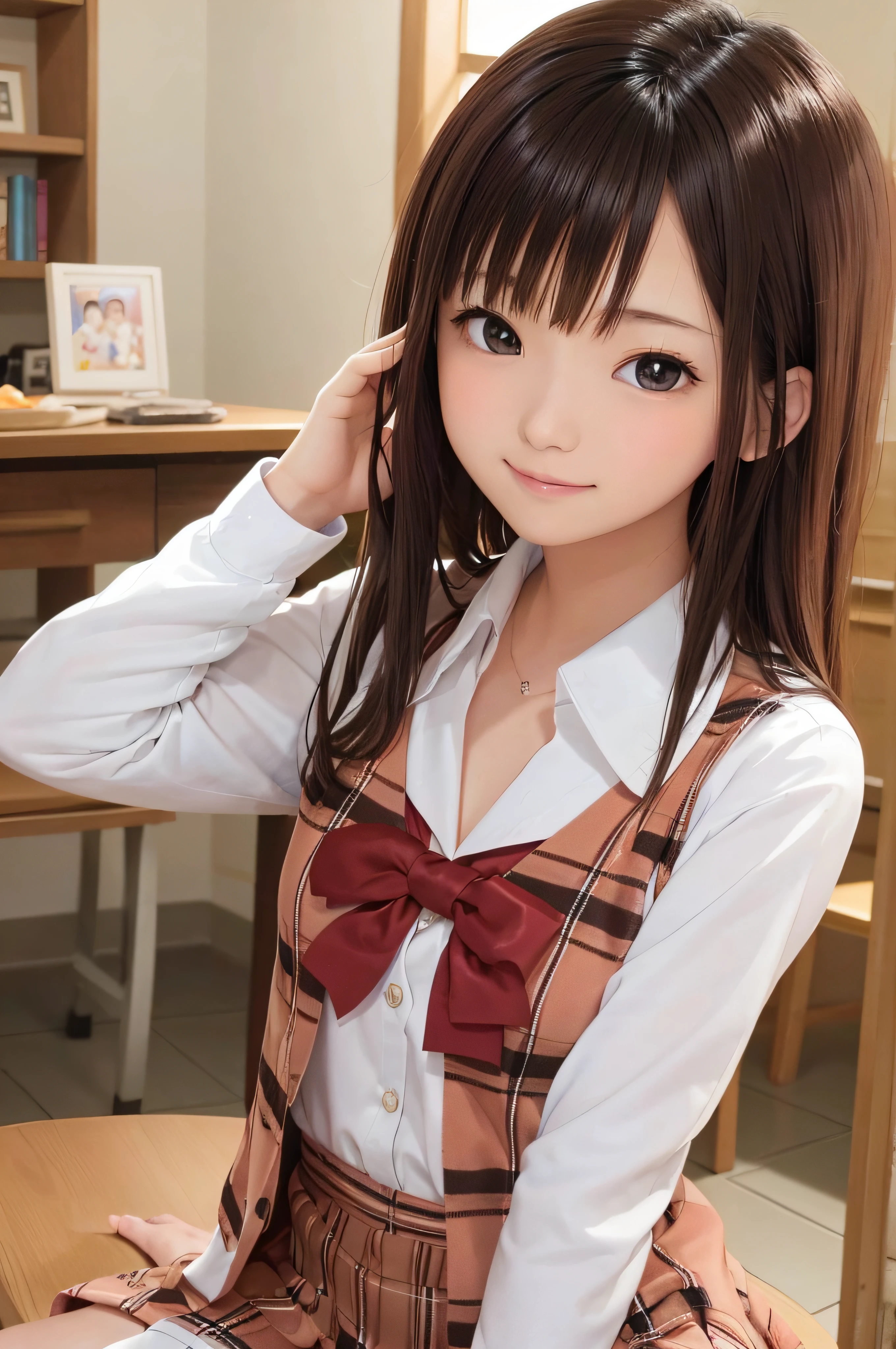 Completely immaculate background、White back、、soio、brown haired、beautidful eyes、real looking skin、A detailed eye、hi-school girl、small tits、tiny chest、(8K、masterpiece)、(reallistic、Photorealsitic)、top-quality、ighly detailed、The ultra-detailliert、Beautie、cute little、japanes、a smile、Close-up portrait、Healthy face、schools、School uniform、Cardigan、plaid skirts
