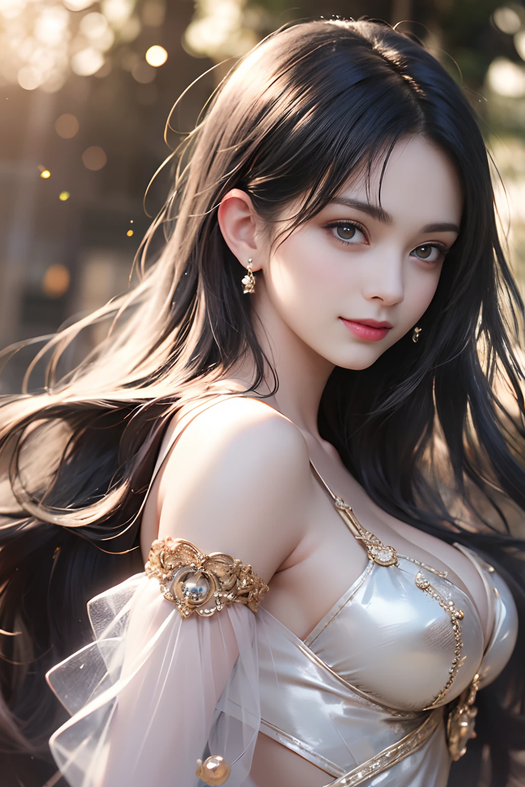 Highest Quality, Highest image quality, RAW Photos, Realistic, Photorealsitic, ultra detailed and beautiful, highest details, ung girls, good-looking, Beautiful fair skin and luster, Beautiful eyes are big and bright, Small mouth and thin lips, Long black hair blown in the wind, Goodness of style and slenderness, (Beautiful big breasts:1.3), She has a cheerful personality and a cute smile...., Natural makeup, Pearl Pin Crips, (Fantasy see-through costume with cute details and wide breasts:1.3), portrait of cute girl, beautiful girl illuminated by seven colors of light, Irridescent color,