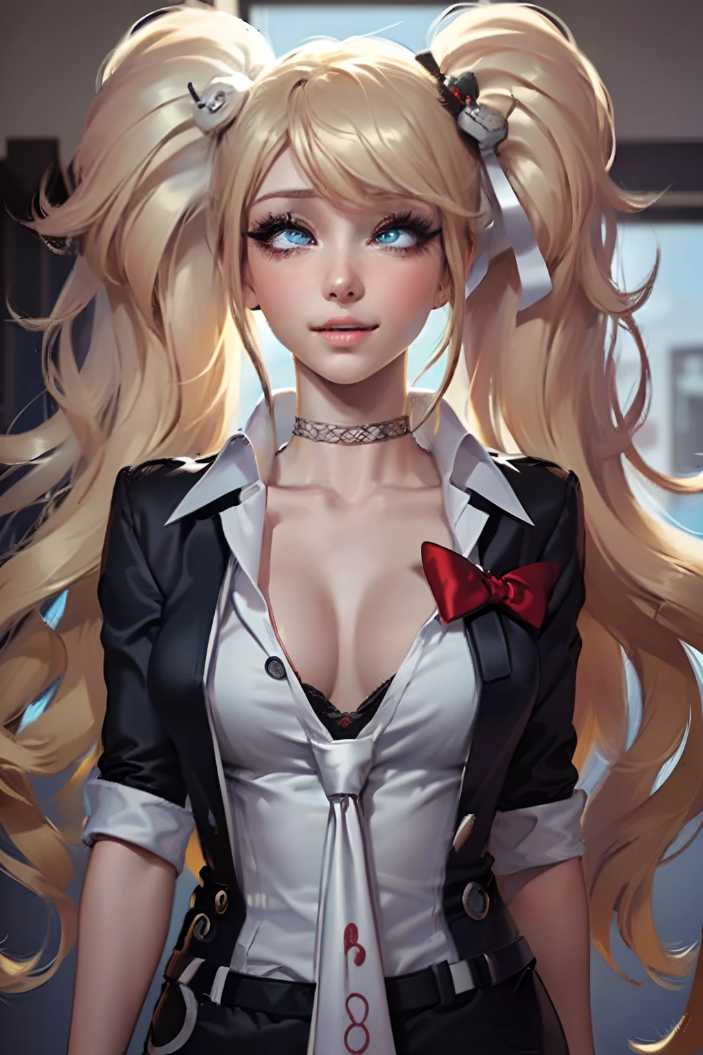 masterpiece, best quality, ultra-detailed, illustration, epic lighting, cinematic composition, isometric, 1girl, (solo:1.5), cute, blue eyes, green eyes, detailed iris, blonde hair, swept bangs, single sidelock, red hairclip, unbuttoned white shirt, choker, loose black necktie, black pants, formal, enchanting gaze, captivating pose, indoors, office, door, opening door, looking at viewer, peeking out upper body, blush, seductive smile, closed mouth,(8k:1.1), (ahegao:1.5)