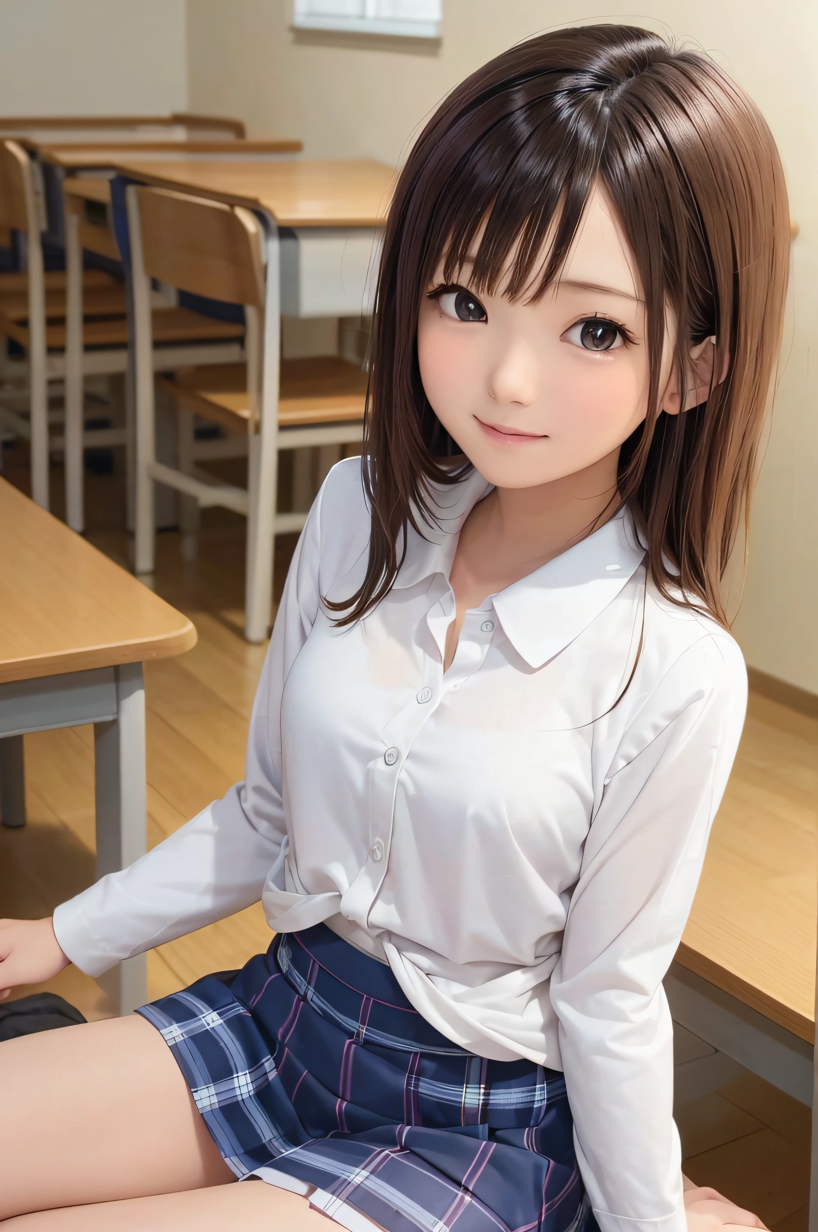 Completely immaculate background、White back、、soio、brown haired、beautidful eyes、real looking skin、A detailed eye、hi-school girl、small tits、tiny chest、(8K、masterpiece)、(reallistic、Photorealsitic)、top-quality、ighly detailed、The ultra-detailliert、Beautie、cute little、japanes、a smile、Close-up portrait、Healthy face、schools、School uniform、Cardigan、plaid skirts