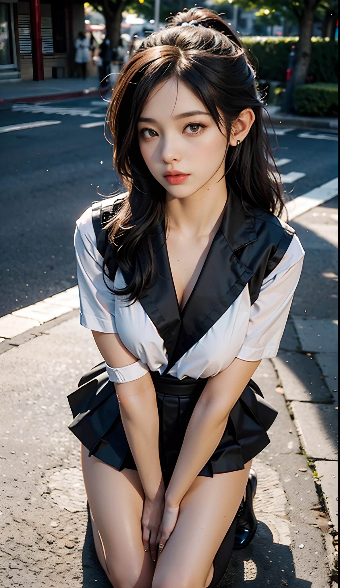 (Japanese-style school,the cherry trees:1 Elf beauty,standing on your feet,a sailor suit), tmasterpiece, best qualtiy, RAW photogr,closeup of face,realisticlying, Incredibly Ridiculous res,Elf long ears, ear studs,hair pin, (Long flowing silver-black hair:1.9),eye shadows,(a sailor suit),eardrop,foot ring,short skirt,(Black sport socks)(Black half-knee socks),(Black sport socks),(Low-heeled leather shoes),two longer legs,depth of fields, A high resolution, ultra - detailed, filigree, RAWE is very detailed, very detailed eyes and faces, Sharp pupils, realistic pupil, tack sharp focus, cinmatic lighting,full bodyesbian,Bigboobs,long leges,From the front side,dynamicposes,Normal posture,closeup of face