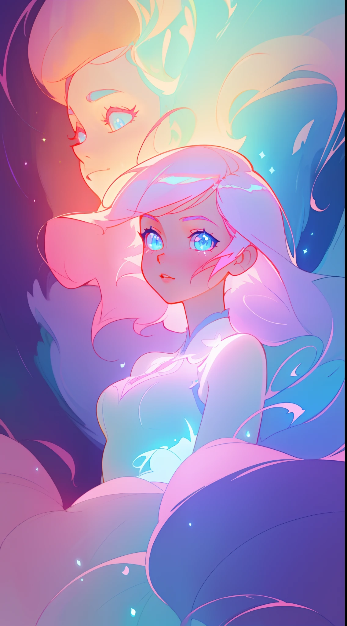 beautiful anime girl in glowing intricately designed ballgown, inspired by Glen Keane, inspired by Lois van Baarle, disney art style, by Lois van Baarle, glowing aura around her, by Glen Keane, jen bartel, glowing lights! digital painting, flowing glowing hair, glowing flowing hair, beautiful digital illustration, fantasia background, whimsical, magical, fantasy, beautiful face, ((masterpiece, best quality)), intricate details, highly detailed, sharp focus, 8k resolution, sparkling detailed eyes, liquid watercolor