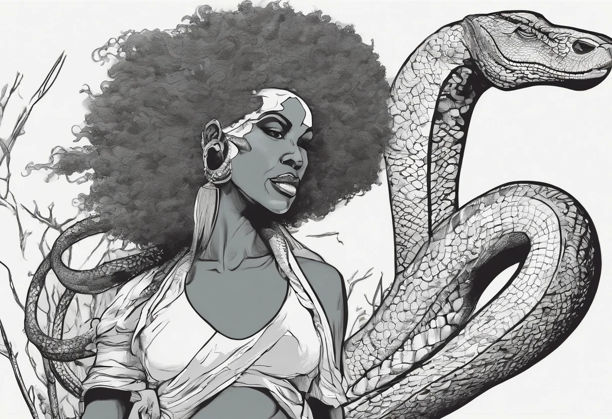 Medusa, animated film still, snake skin dress, (blue sky, golden brown desert, canyons,), (Asteroid City, Afro Samurai, Looney Tunes), hand drawn ink on paper illustration, (lamia, gorgon, snake woman hybrid, human upper-body, snake tail lower-body), fullbody, snake-haired, bald, hairless, (face, ornate black metal corpse paint, resembles Grace Jones), (art style "Sean Gordon Murphy" comic drawing, splash panel), body drawn in Frederic Delavier musculature anatomical illustration art style, candid, the snake-haired head is covered in snakes that resemble pantera great southern trendkill,