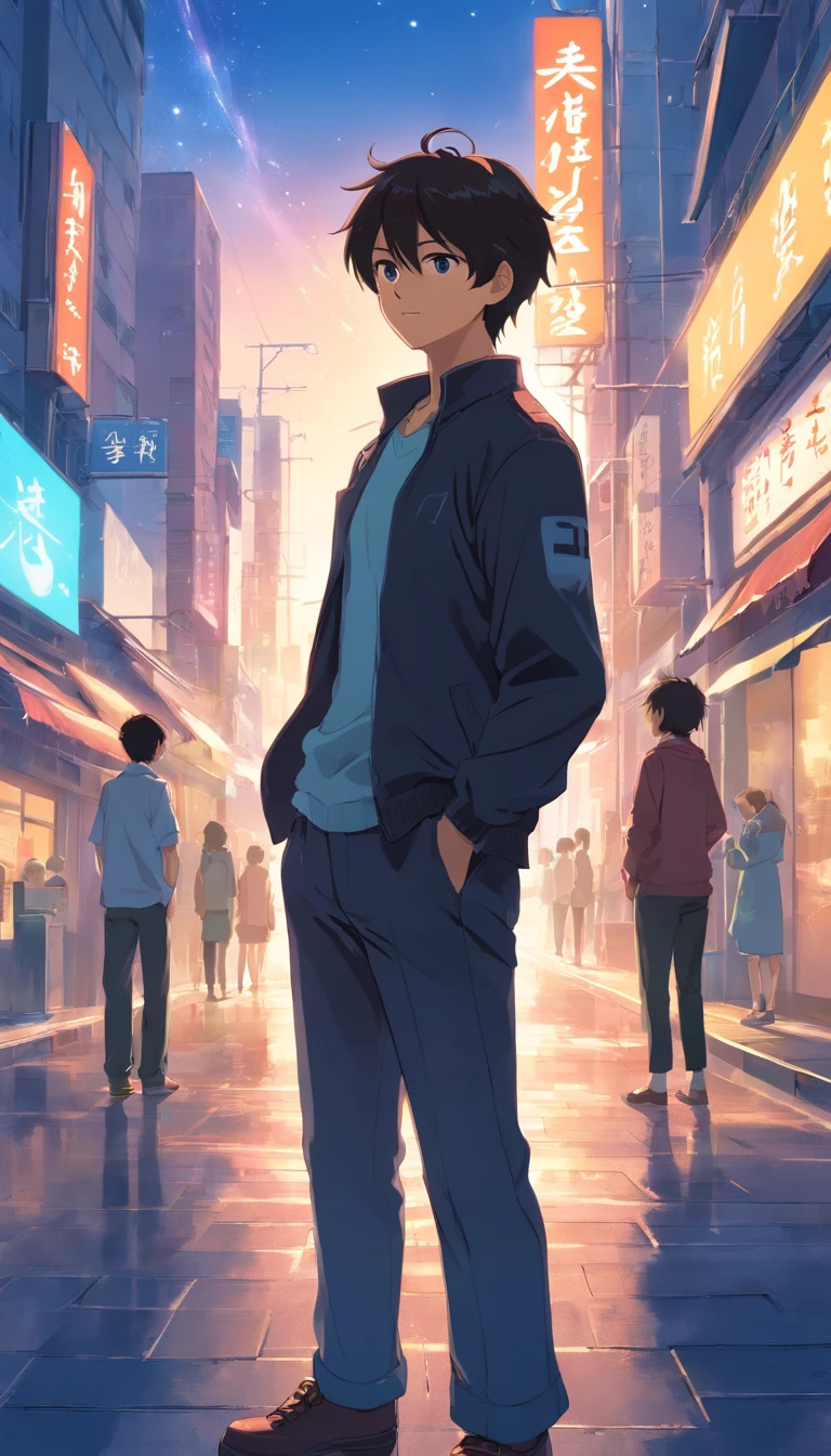 masterpiece、Adults、30Uncle of the generation、twinks、Forehead、30-years old、A dark-haired、Black jacket、Black pants、white t-shirts、Give bangs、Sticking out your forehead、twinks、Eyes drawn in detail、a handsome、Inside the city、starrysky、Mystical light、Dramatic light、Cinematic power、