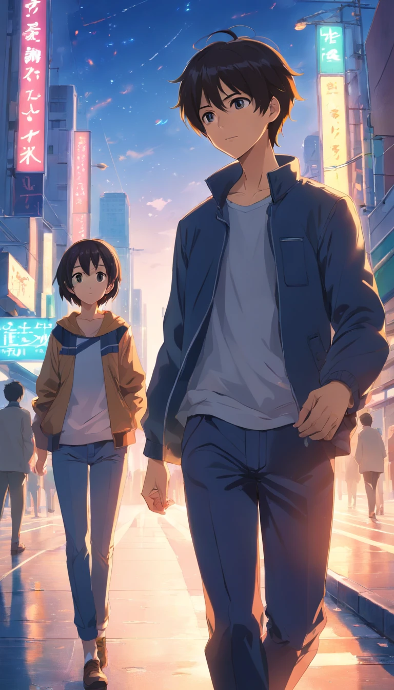 ​masterpiece、Adults、３０Uncle of the generation、twinks、Forehead、30-years old、A dark-haired、Black jacket、Black pants、white t-shirts、Give bangs、Sticking out your forehead、twinks、Eyes drawn in detail、a handsome、Inside the city、starrysky、Mystical light、Dramatic light、Cinematic power、