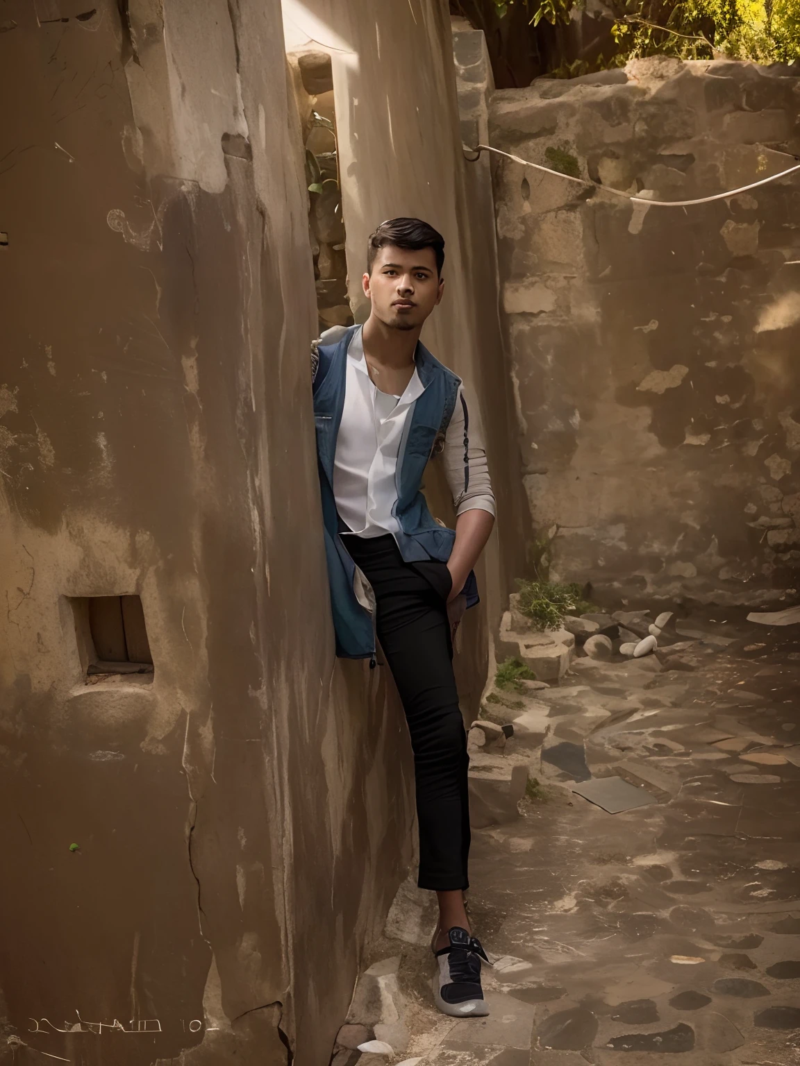 arafed boy leaning against a wall in a narrow alley, stylish pose, full body photogenic shot, very very high quality picture, with a cool pose, photo taken in 2 0 2 0, full body picture, dressed in a jodhpuri suit, very artistic pose, leaning on the wall, clothed in ancient street wear, enes dirig, handsome boy