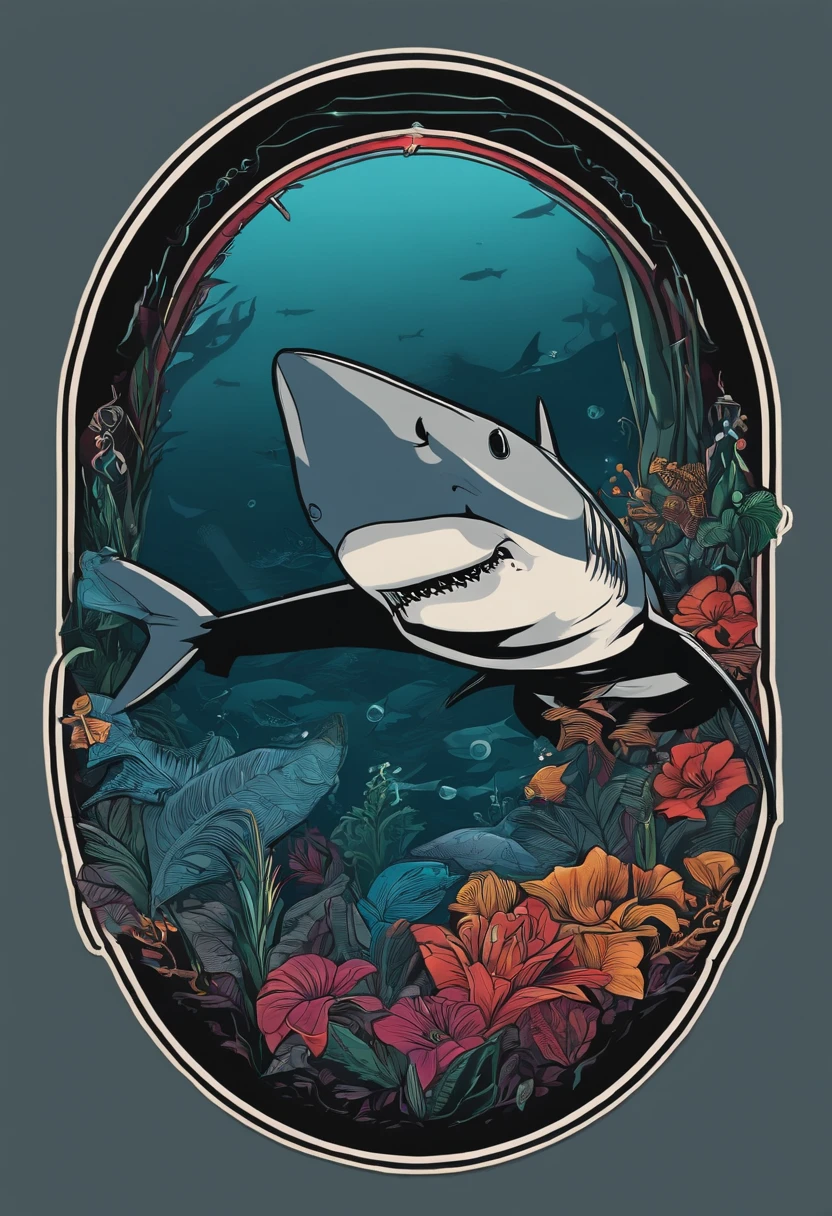 /imagine prompt: shark illustration for a sticker with a black background, in bold outline style, jagged edges, trashcore, light shading --v 5.2