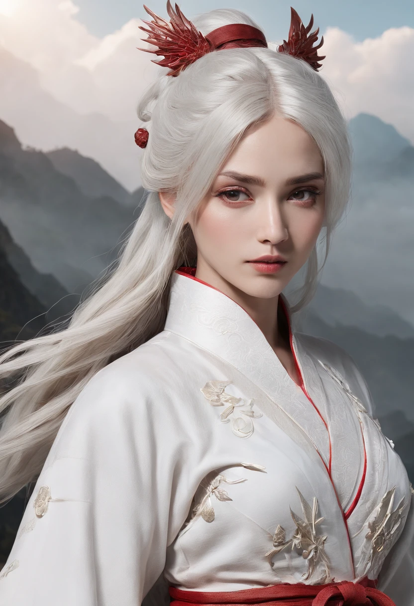 Cirilla Fiona Elen Riannon,动态照明,art stations,poster for,Volumetriclighting,Very detailed faces,4k wallpapers,He has a delicate and beautiful face,long hair flowing,horse tailed,Fringed Hair Ornament,Dynamic perspective,White Hanfu,White gauze flying,red waistband,Sexy,Tradition Chinese Ink Painting,Surrounded by clouds,fog atmosphere,Ride a white dragon,White dragon horn,dynamic viewing angle,电影灯光