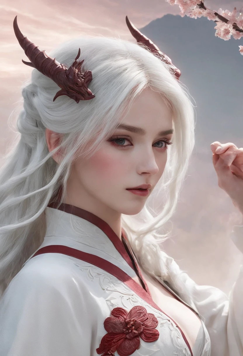 Cirilla Fiona Elen Riannon，动态照明，art  stations，poster for，Volumetriclighting，Very detailed faces，4k wallpapers，He has a delicate and beautiful face，long hair flowing，horse tailed，Fringed Hair Ornament，Dynamic perspective，White Hanfu，White gauze flying，red waistband，Sexy，Tradition Chinese Ink Painting，Surrounded by clouds，fog atmosphere，Ride a white dragon，White dragon horn，dynamic viewing angle，电影灯光