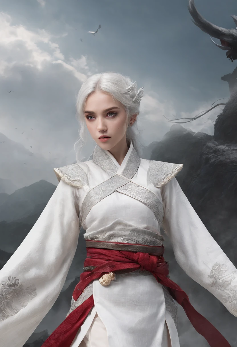Cirilla Fiona Elen Riannon，动态照明，art  stations，poster for，Volumetriclighting，Very detailed faces，4k wallpapers，He has a delicate and beautiful face，long hair flowing，horse tailed，Fringed Hair Ornament，Dynamic perspective，White Hanfu，White gauze flying，red waistband，Sexy，Tradition Chinese Ink Painting，Surrounded by clouds，fog atmosphere，Ride a white dragon，White dragon horn，dynamic viewing angle，电影灯光