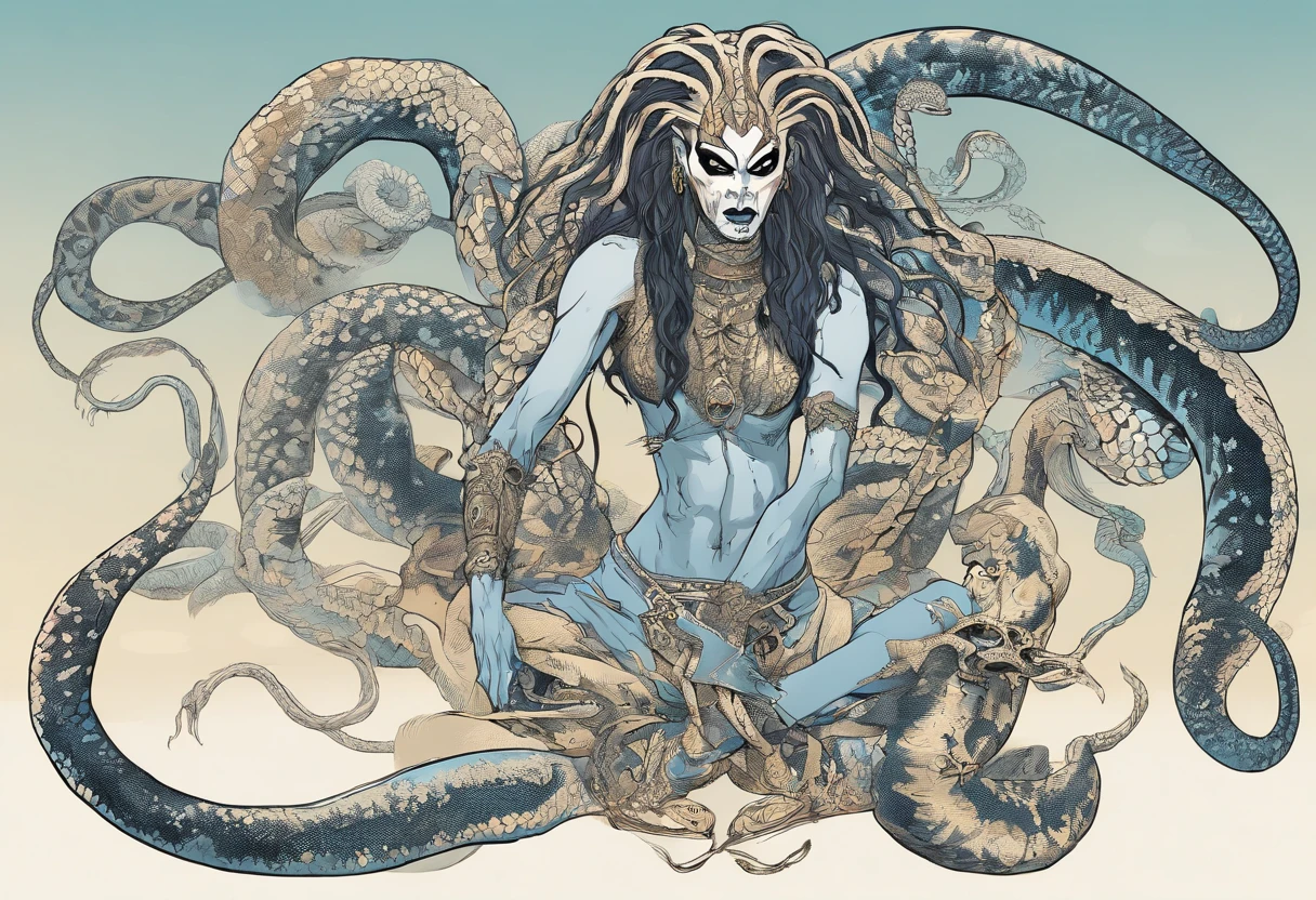 Medusa, animated film still, snake skin dress, (blue sky, golden brown desert, canyons,), (Asteroid City, Afro Samurai, Looney Tunes), hand drawn ink on paper illustration, (lamia, gorgon, snake woman hybrid, human upper-body, snake tail lower-body), fullbody, snake-haired, bald, hairless, (face, ornate black metal corpse paint, resembles Grace Jones), (art style "Sean Gordon Murphy" comic drawing, splash panel), body drawn in Frederic Delavier musculature anatomical illustration art style, candid, the snake-haired head is covered in snakes that resemble pantera great southern trendkill,