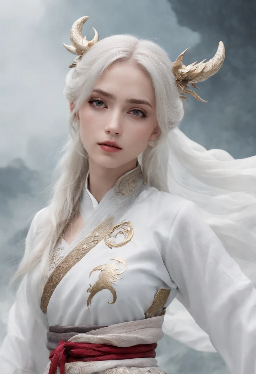 Cirilla Fiona Elen Riannon，动态照明，art  stations，poster for，Volumetriclighting，Very detailed faces，4k wallpapers，He has a delicate and beautiful face，long hair flowing，horse tailed，Fringed Hair Ornament，Dynamic perspective，White Hanfu，White gauze flying，red waistband，Sexy，Tradition Chinese Ink Painting，Surrounded by clouds，fog atmosphere，Ride a white dragon，White dragon horn，dynamic viewing angle，电影灯光