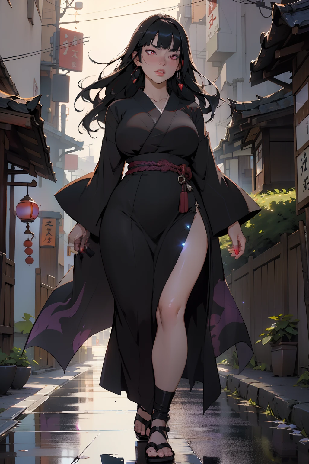 beautiful young woman, 4k, high quality, dynamic light, godrays, beautiful lighting, dynamic lighting and shadows, highlights, shining skin, glowing lights, bright reflections, shimmering light reflections, kimono, purple and black kimono, long black hair, straight bangs, red eyes, glaring, big plump soft lips, thick lips, katana on belt, kimono dress, long flowing dress, black kimono, black dress, leg slit, walking down japanese road, cowboy shot