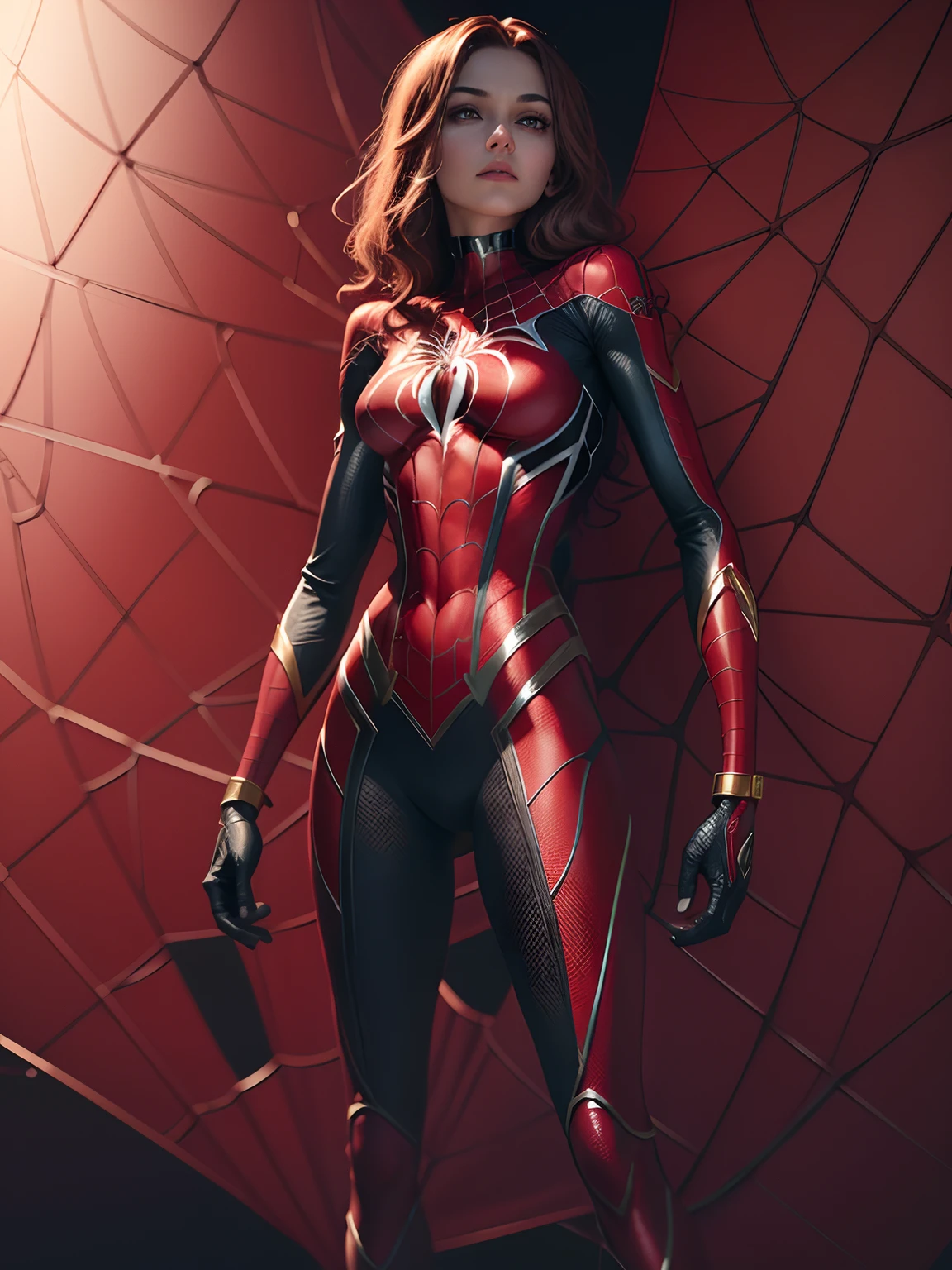 4k, Masterpiece,  8k, full HD, cristal clear,  a girl wearing spider woman suit. Details body, details everything. 