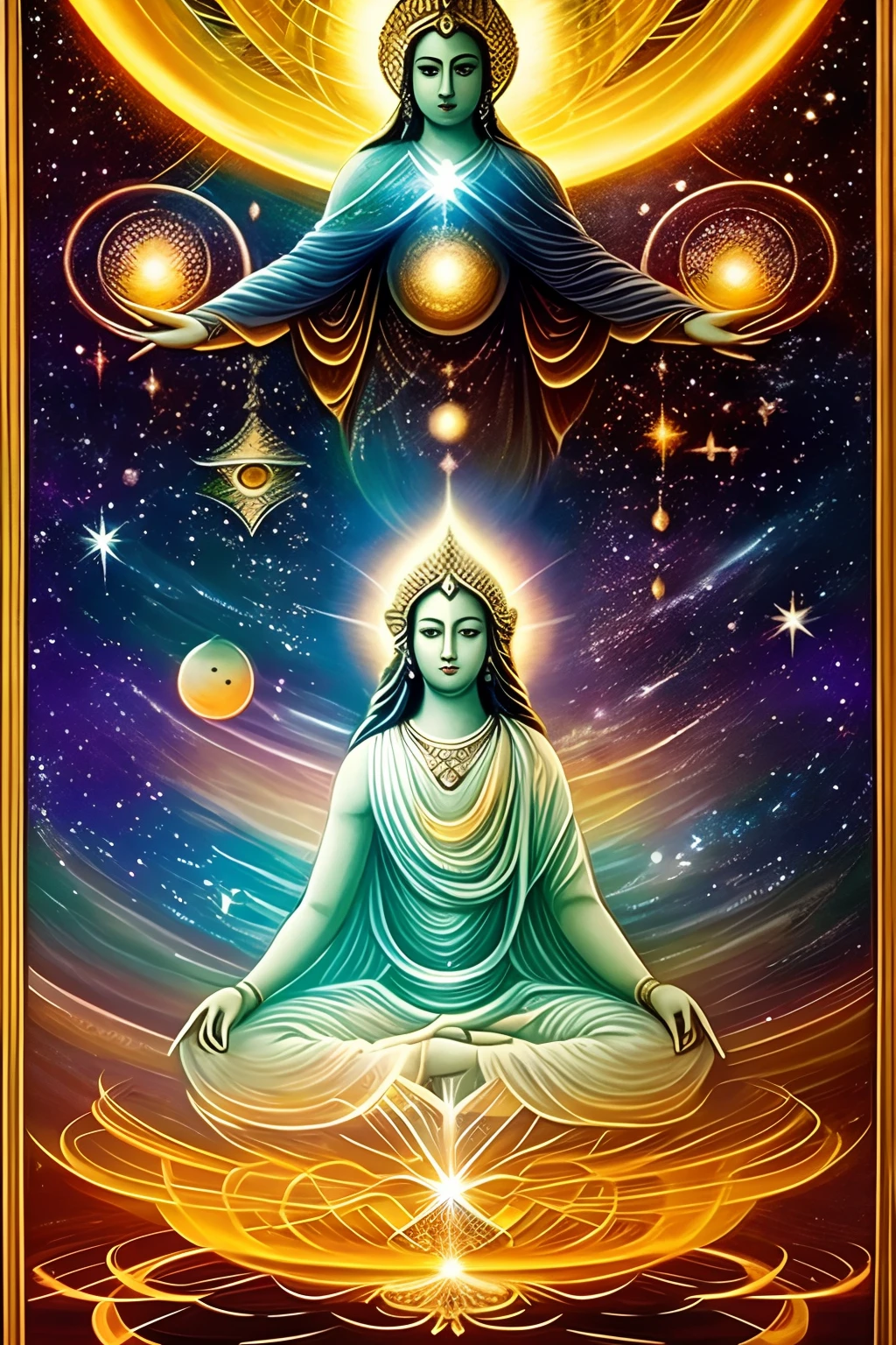 A supreme being,gigantic in space,holding two suns in each hand,looking at the observer,divinely featured face, majestic and striking presence,shining aura of power and wisdom,celestial entity with awe-inspiring presence,luminous and radiant,divine energy flowing through its body,cosmic entity surrounded by stars and galaxies,magnificent celestial figure floating in space,enveloped in a halo of light,illuminating the darkness of the universe,transcendent being with infinite knowledge and wisdom,mysterious and alluring cosmic being,glowing with an ethereal light,transmitting a sense of tranquility and serenity,commanding the celestial bodies with ease and grace,infinite power emanating from its form,omniscient gaze revealing the secrets of the universe,transcending time and space,mesmerizing presence that captivates the observer's attention,profound aura exuding an aura of peace and tranquility,an encounter with the divine and otherworldly,an overwhelming sense of reverence and wonder.