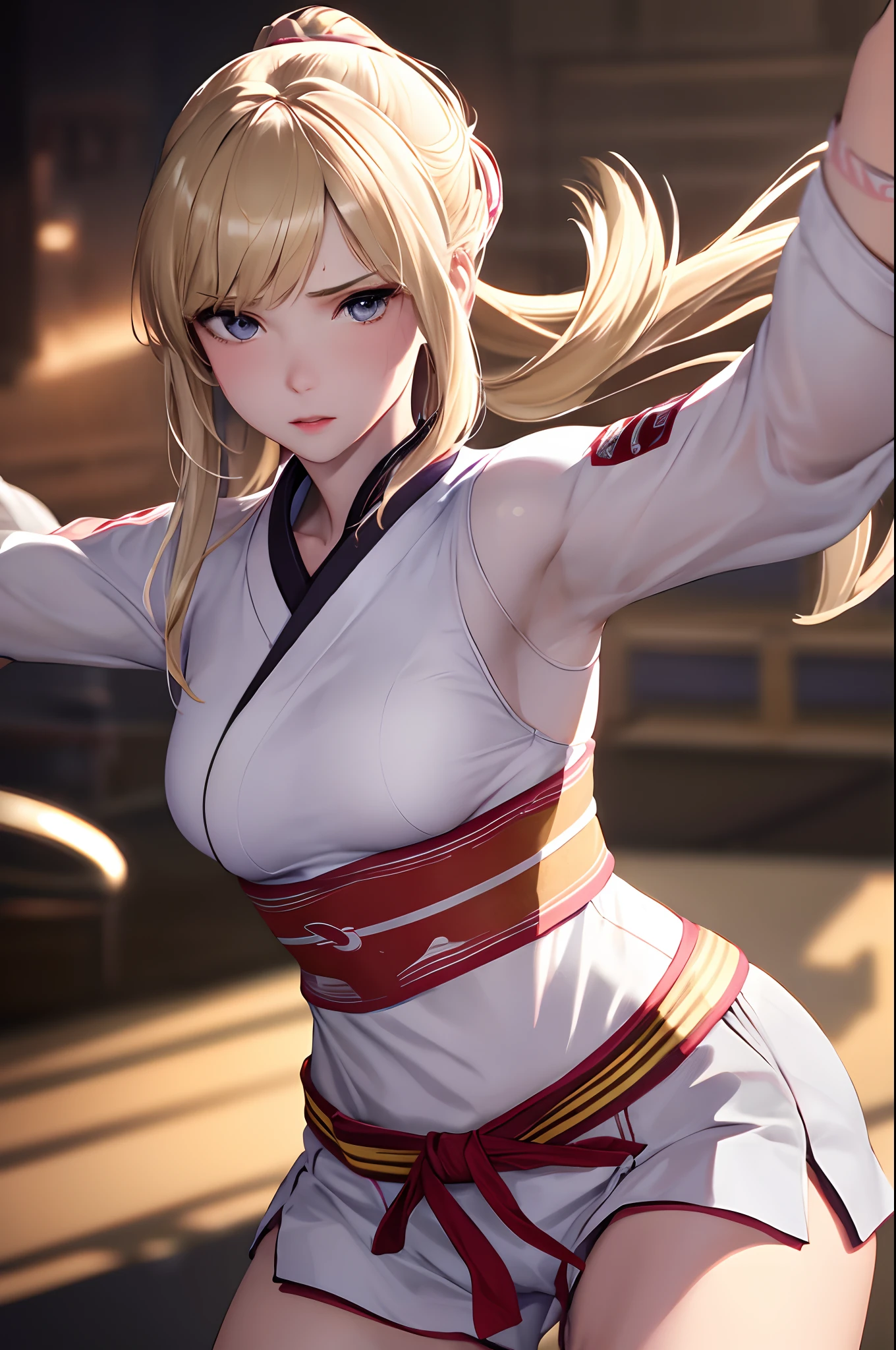 (Best Quality,8K,hight resolution,masuter piece:1.2),Ultra-detailed,Realistic:1.37,Portrait,female karate athlete,white kimono,Teenage girl,small head,Cute,Sporty,Charming face,Detailed beauty face,Very realistic skin,Wet skin,Sweat,Large breasts,Narrow waist,nice legs ,Sporty,karate Arena,Cinematic lighting,