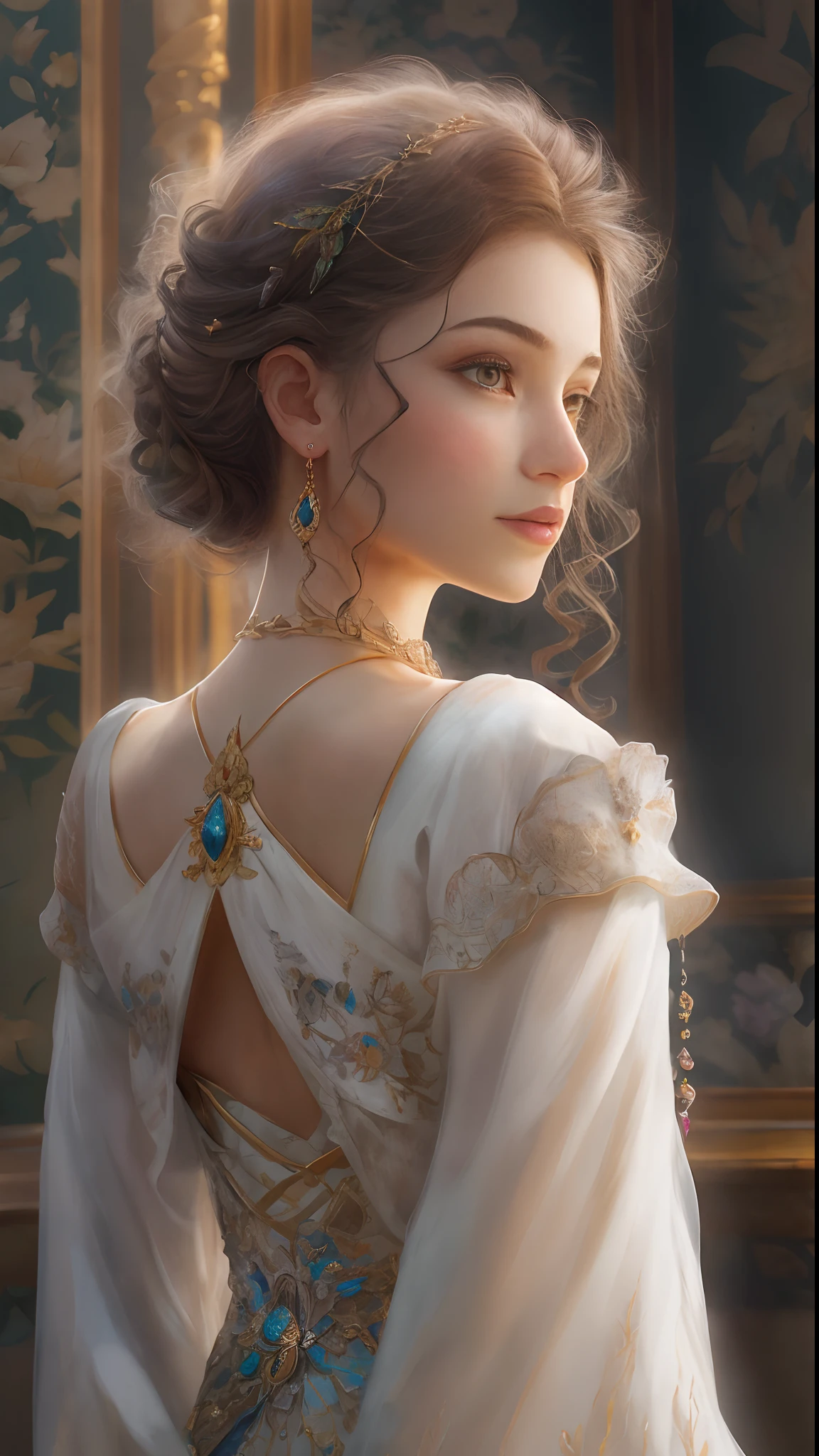 (Best quality, 4K, 8K, A high resolution, Masterpiece:1.2), Ultra-detailed, Realistic portrait of the upper body of an 18 year old aristocratic girl, Exquisite facial features，Clear and shiny eyes，Long curly hair details expressed, The posture is leisurely and natural，Graceful posture, The golden ratio of the head and body，Dreamy atmosphere, expressive brush strokes, mystical ambiance, Artistic interpretation,Delicately coiled hair，Floral crystal diamond jewelry，Exquisite details，Fresh aesthetics，Stunning intricate costumes, Fantasy illustration, Subtle colors and tones, mystical aura,The details have been upgraded