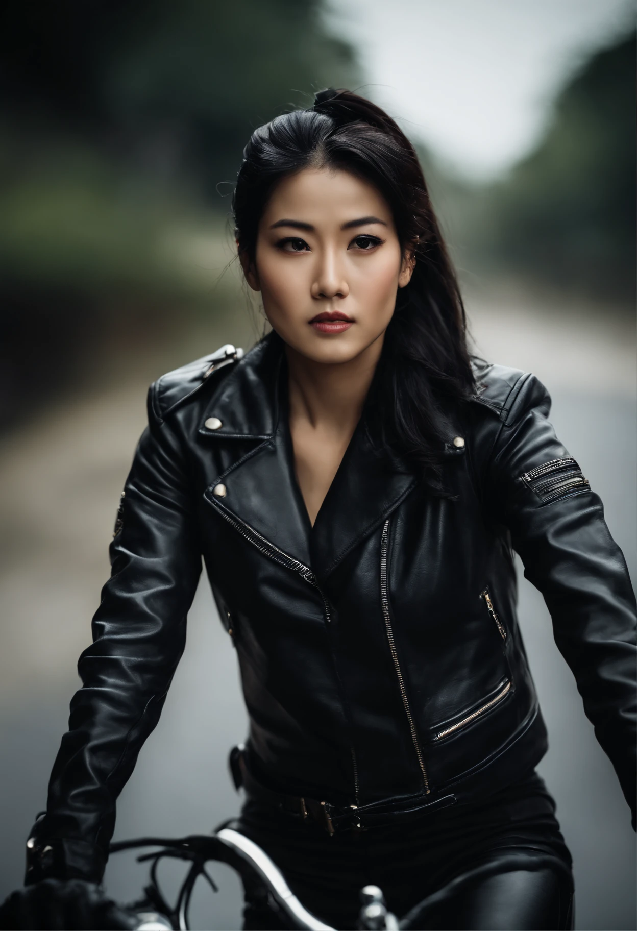 Black leather gloves, black hair ponytail, Japanese girls, black leather riders jacket, upper body