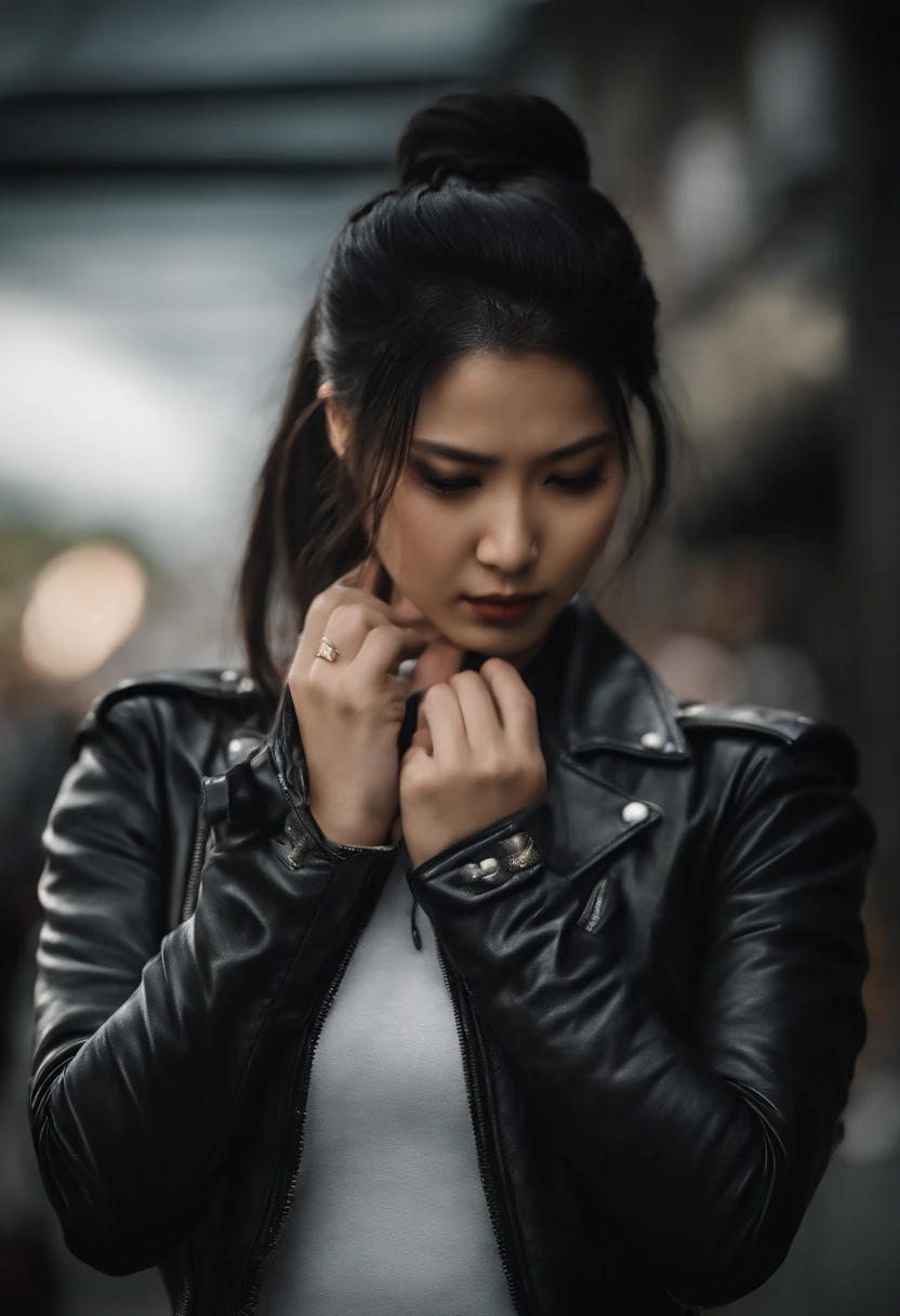 Black leather gloves, black hair ponytail, Japanese girls, black leather riders jacket, upper body