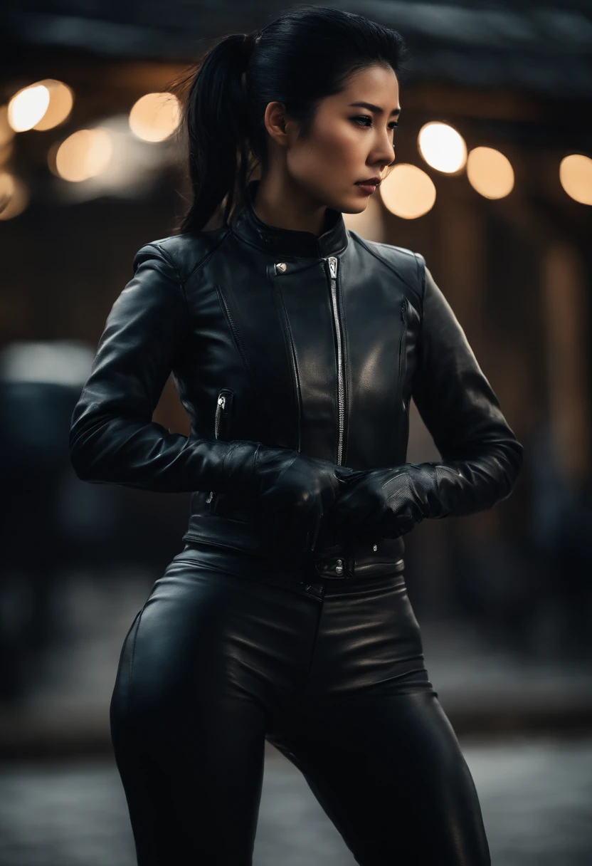 Black leather gloves, black hair ponytail, Japanese girls, black leather riders jacket, upper body