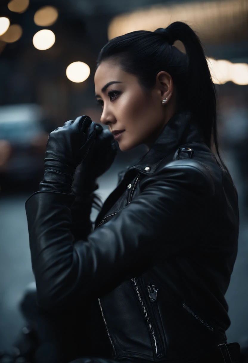Black leather gloves, black hair ponytail, Japanese girls, black leather riders jacket, upper body
