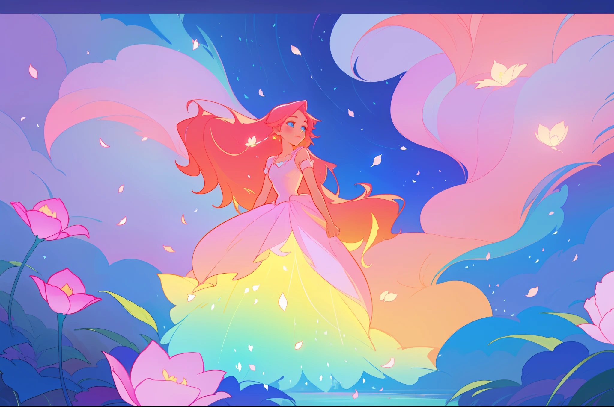 beautiful girl in flowing ballgown, flower fairy in a dress made of flower petals, flowers and colorful plants, inspired by Glen Keane, inspired by Lois van Baarle, disney art style, by Lois van Baarle, glowing aura around her, by Glen Keane, jen bartel, glowing lights! digital painting, flowing glowing hair, glowing flowing hair, beautiful digital illustration, fantasia otherworldly landscape plants flowers, beautiful, masterpiece, best quality, anime disney style