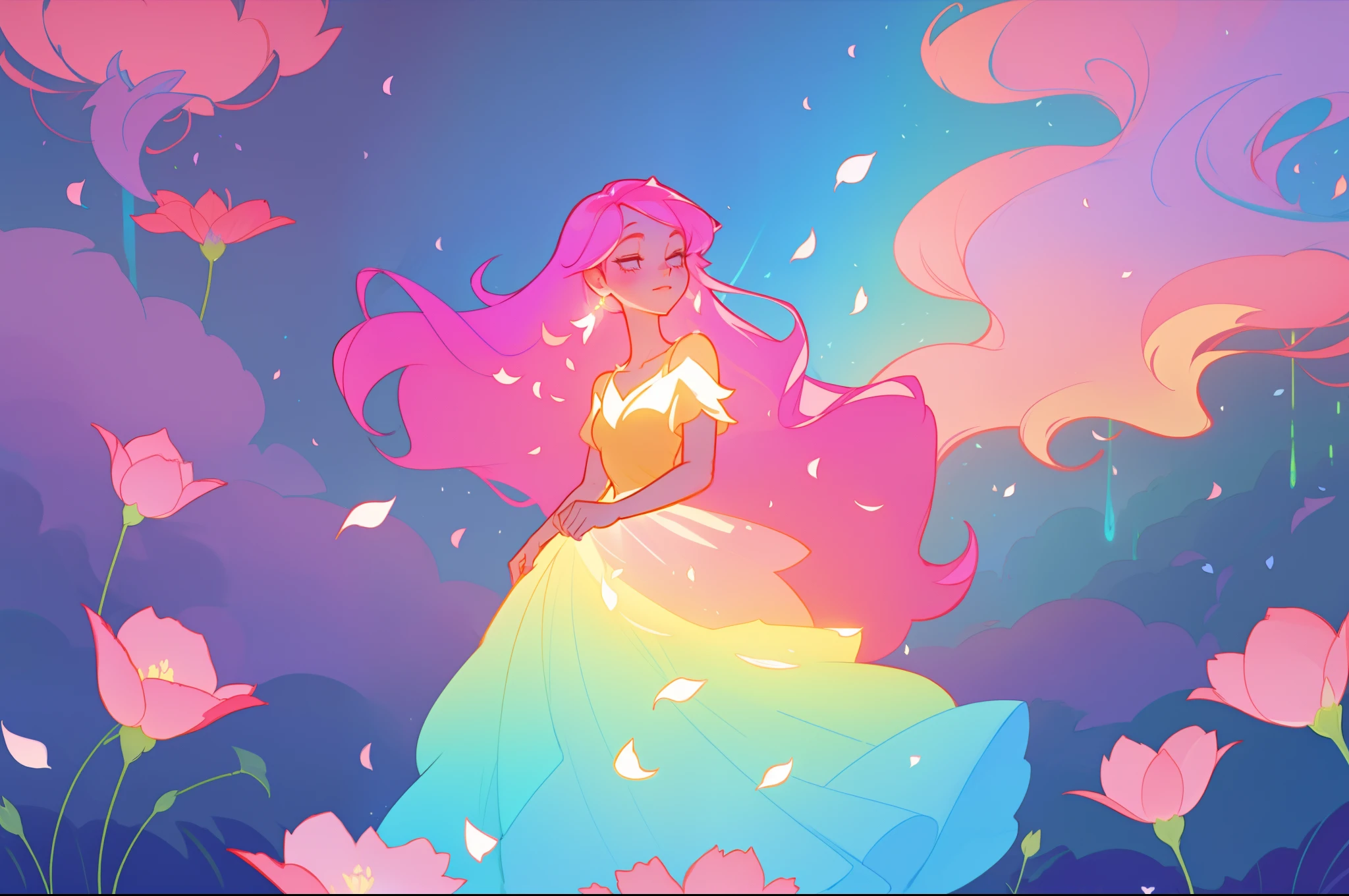 beautiful girl in flowing ballgown, flower fairy in a dress made of flower petals, flowers and colorful plants, inspired by Glen Keane, inspired by Lois van Baarle, disney art style, by Lois van Baarle, glowing aura around her, by Glen Keane, jen bartel, glowing lights! digital painting, flowing glowing hair, glowing flowing hair, beautiful digital illustration, fantasia otherworldly landscape plants flowers, beautiful, masterpiece, best quality, anime disney style