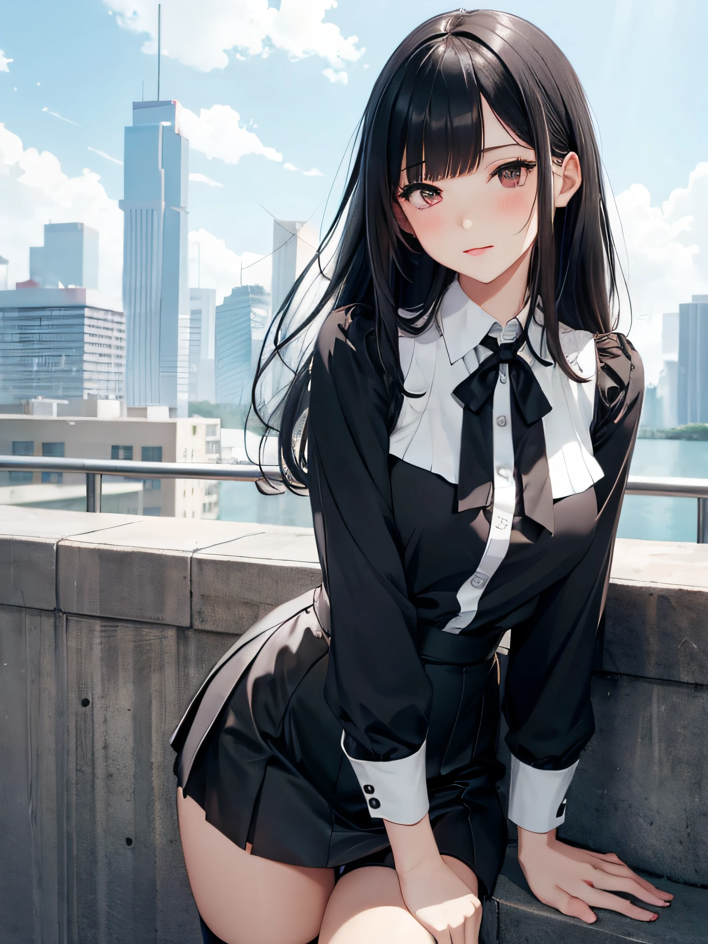 a girl with low-cut blouse, medium breasts, mini skirt, long stockings, flirtatious look, very well detailed, cityscape or academy, long black hair,