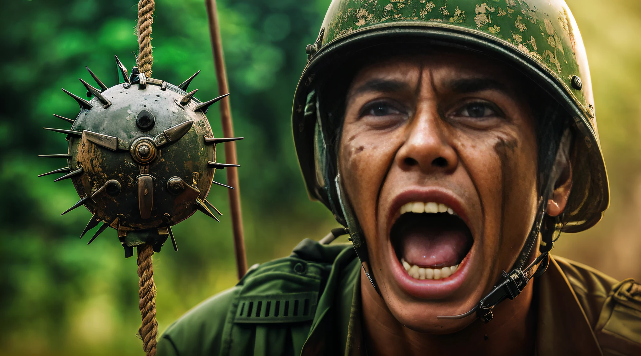 There's a man in a helmet with his head nailed, Foto retrato, dramatic action photography, Foto retrato em close-up, fotografia de combate, close up Foto retrato, fotografia de combate e aventura, irritado 8 k, epic portrait of menacing, soldado sob fogo pesado, fotografia militar, gritando em agonia, intense screaming expression, editing, vietnam war soldier, gritando em desespero, Retrato CloseUp
