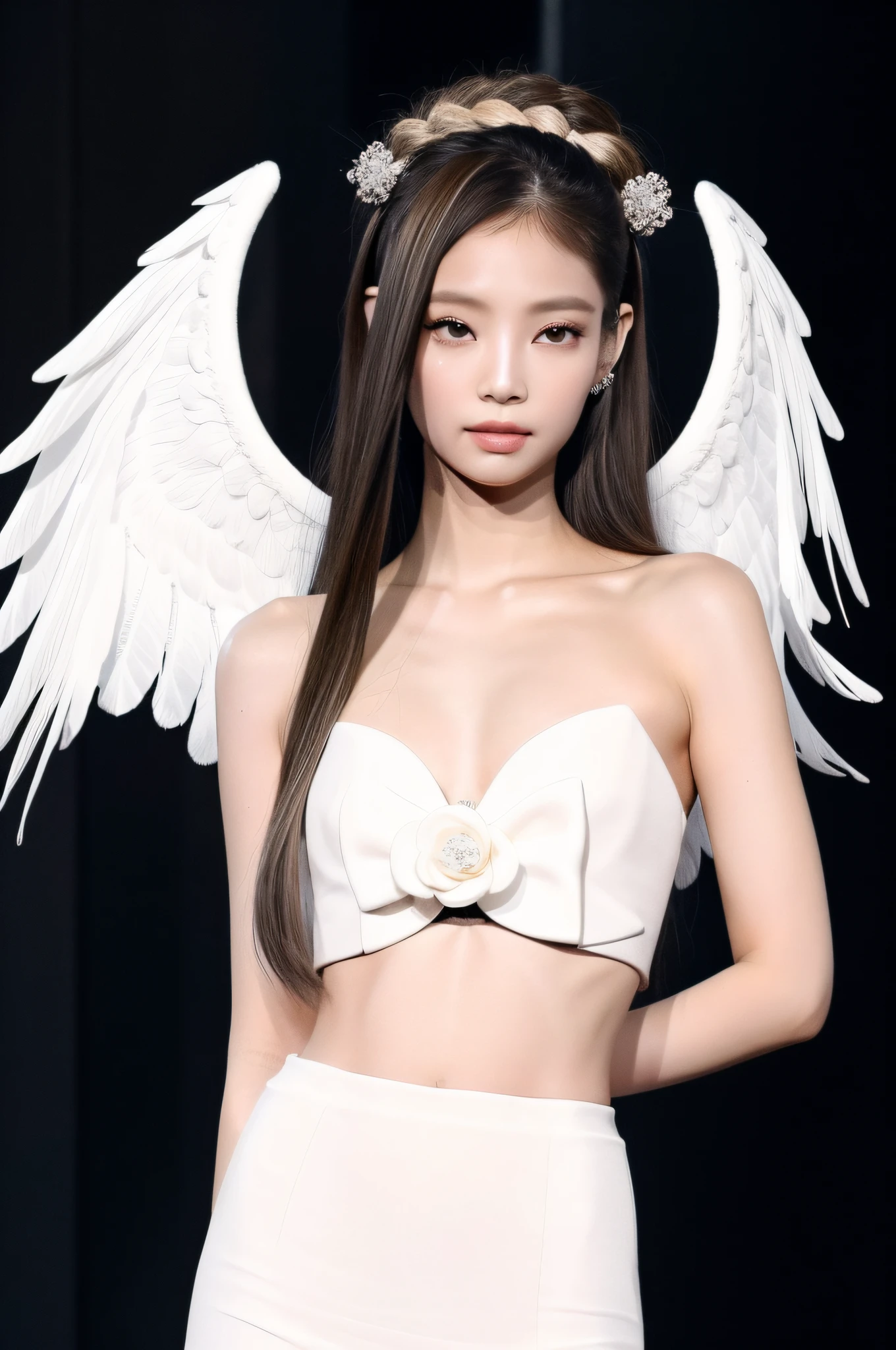 (8k, melhor qualidade, master part: 1.2), (Realistic, Realistic: 1.37), Super Detalhe, cabelo longo, (white detailed dress), jewelry, seios pequenos, Olhos bonitos, asian girl, simple background, ((looking at the camera)), (angel wings), heaven background