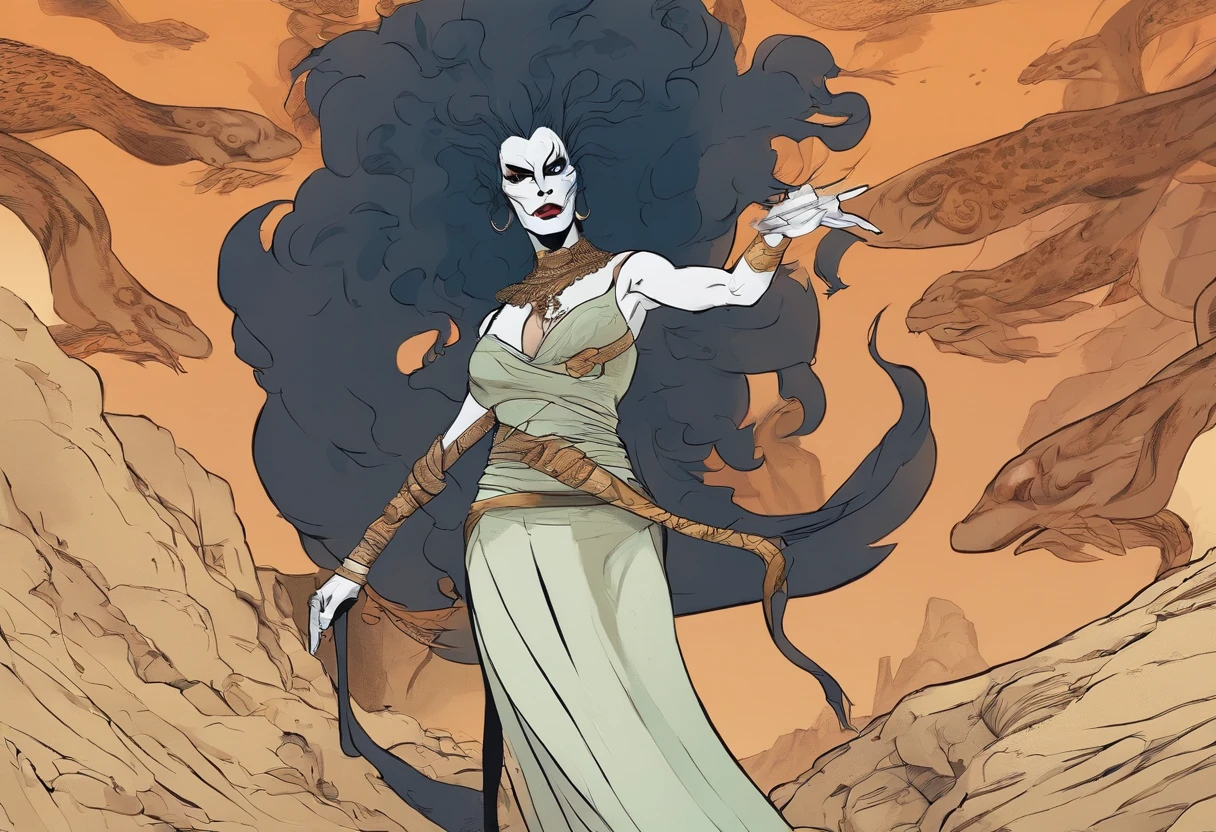 Medusa, animated film still, snake skin dress, (blue sky, golden brown desert, canyons,), (Asteroid City, Afro Samurai, Looney Tunes), hand drawn ink on paper illustration, (lamia, gorgon, snake woman hybrid, human upper-body, snake tail lower-body), fullbody, snake-haired, bald, hairless, (face, ornate black metal corpse paint, resembles Grace Jones), (art style "Sean Gordon Murphy" comic drawing, splash panel), body drawn in Frederic Delavier musculature anatomical illustration art style, candid, the snake-haired head is covered in snakes that resemble pantera great southern trendkill,