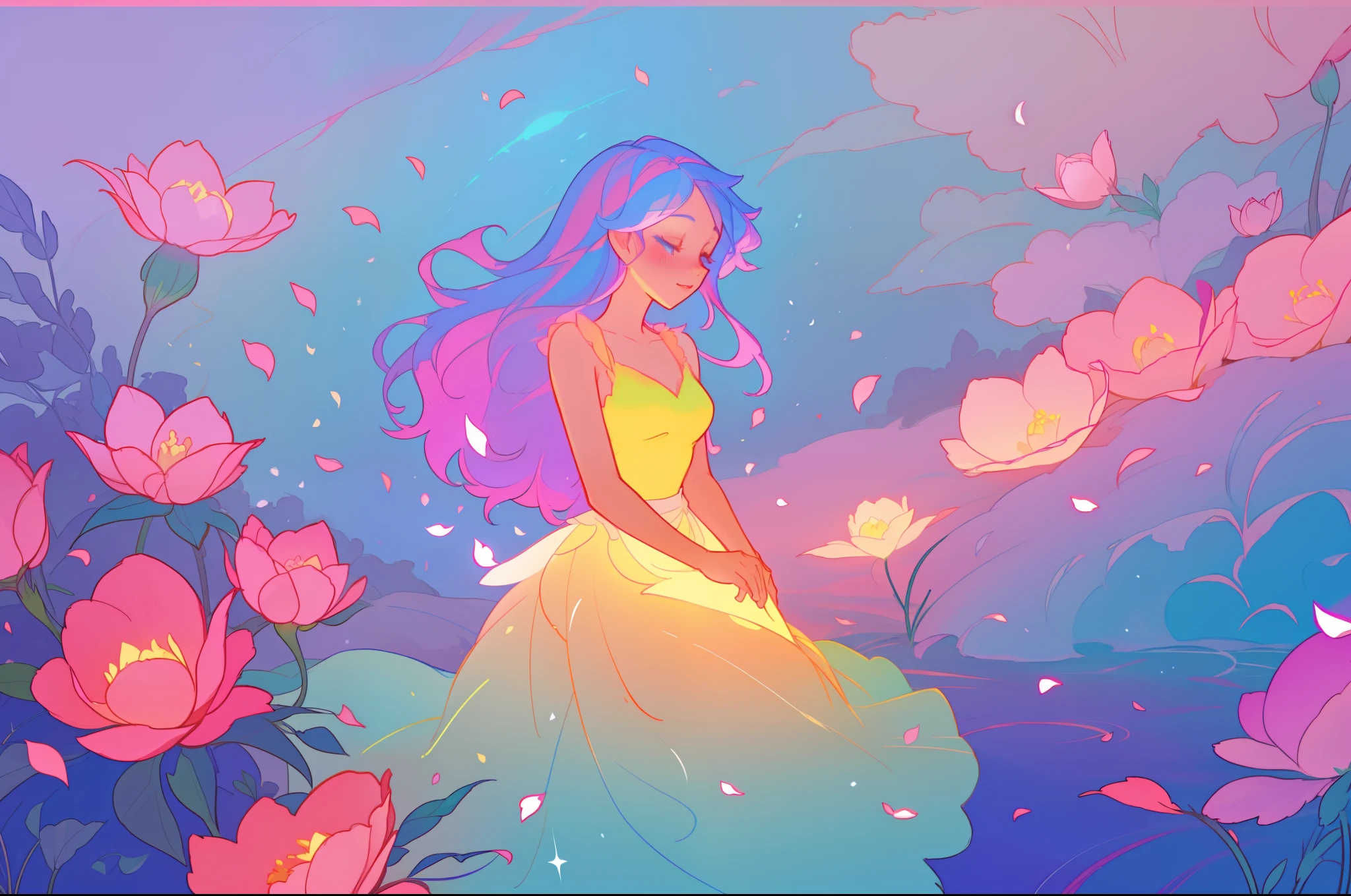 beautiful girl in flowing ballgown, flower fairy in a dress made of flower petals, flowers and colorful plants, inspired by Glen Keane, inspired by Lois van Baarle, disney art style, by Lois van Baarle, glowing aura around her, by Glen Keane, jen bartel, glowing lights! digital painting, flowing glowing hair, glowing flowing hair, beautiful digital illustration, fantasia otherworldly landscape plants flowers, beautiful, masterpiece, best quality, anime disney style