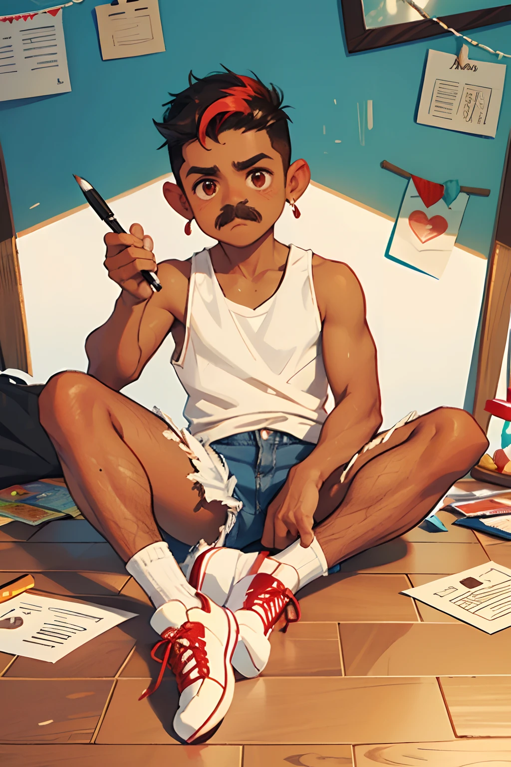 A brown-skinned Latino boy, short, shaved hair on the sides, small hoop earrings, wearing a mustache, white tank top and jean shorts, white socks with red stripes and black sneakers. Holding colored pencil and brush, several sheets of paper drawn on the floor. A cute little red monster with horns in the background