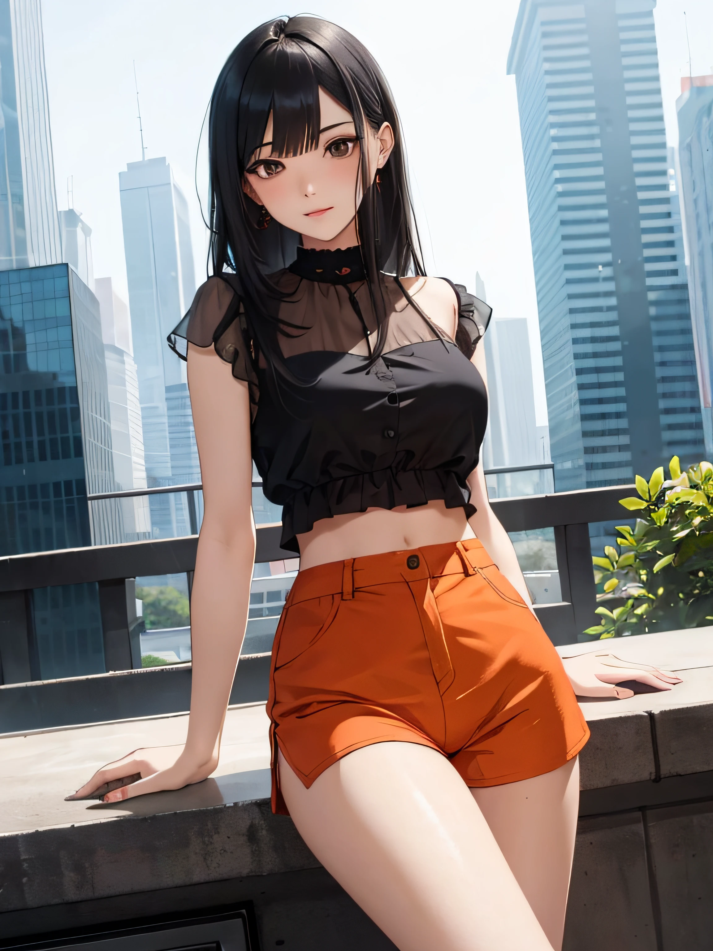 a girl with low-cut blouse, medium breasts, orange shorts, long stockings, flirtatious look, very well detailed, cityscape or academy, long black hair,