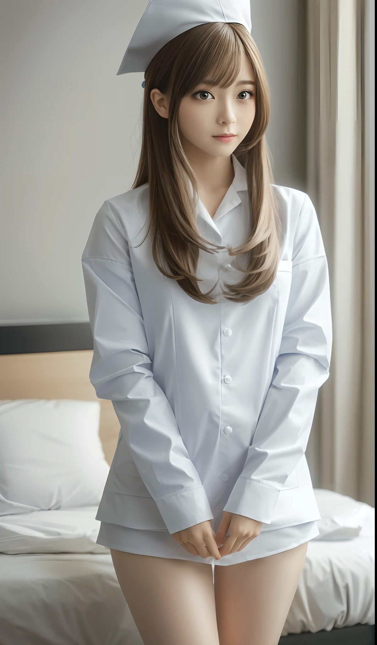 (Realistic: 1.6), (Soft Focus: 1.5), Sleeping Girl, , Realistic,((Nurse Uniform))、A detailed eye、Beautiful lashes、 Detailed, masutepiece, Smooth skin, shiny short twin-tailed brown hair, Soft lips, Rich lighting, Room lighting, [[Open legs, Spread legs]], (Solo), sexypose, , (female pubic-hair), (Slim legs)、beautiful thin constriction、((超A high resolution:1.6))
