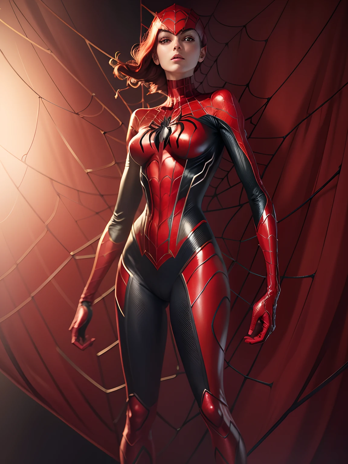 skinny spider girl superhero, red and white suit, Rendered in stunning 24k resolution, every intricate detail of her spidy superhero life on display, a symbol of her unwavering faith and courage.
