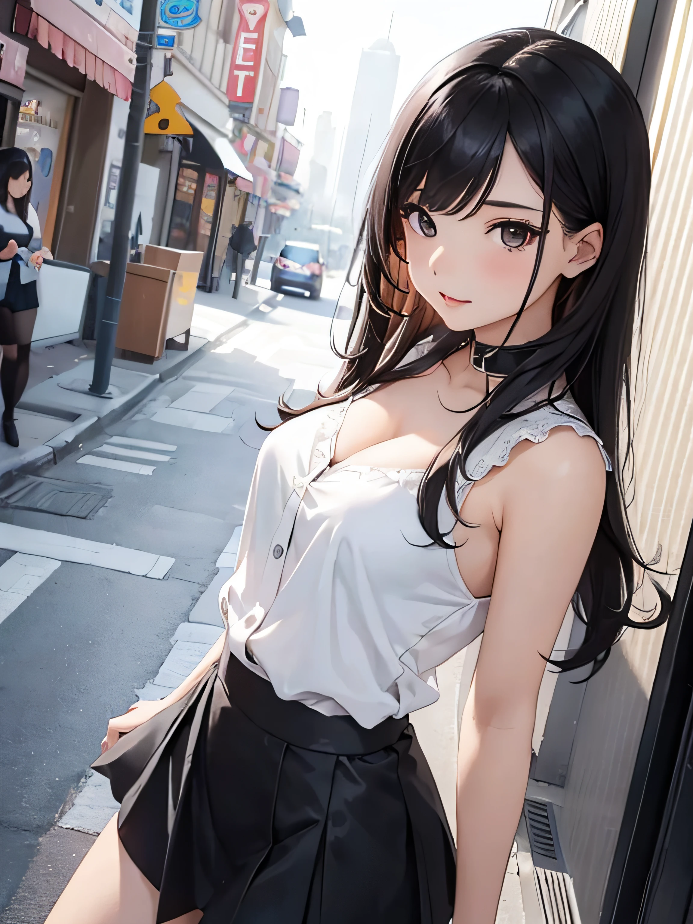 girl in summer clothes, white short, black pantyhose, making like she wants to kiss you, view from viewer, medium breasts, cleavage, cityscape, flirtatious look, ((very detailed)), (perfectly detailed face), (well detailed hand) photorealistic image.