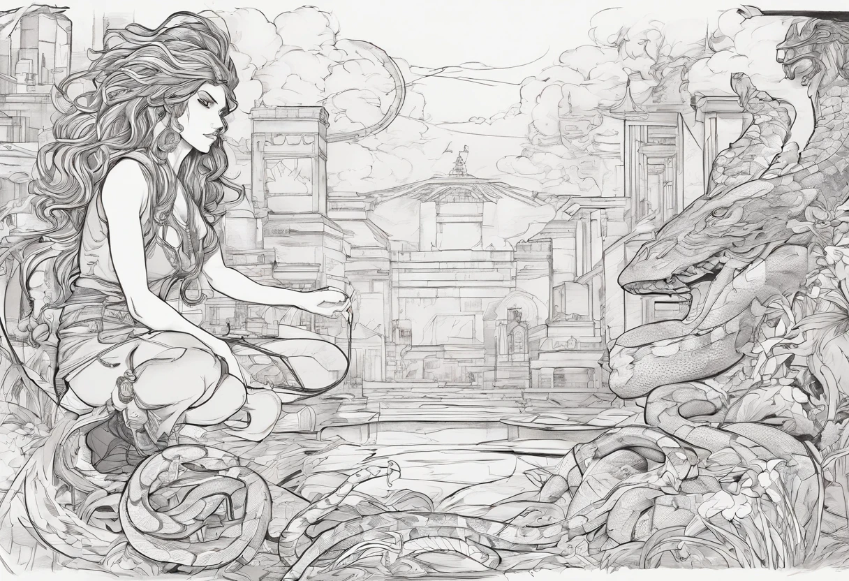 (comic art style), ink on paper, character turnaround sheet, medusa, gorgon, snakefolk, woman snake hybrid, lower body snake tail. full body portrait, masterpiece, craftsmanship nuance, color pieces, sketchbook, hand drawn, dark, gritty, realistic sketch, rough sketch, mix of dark bold lines and loose lines, bold lines, on paper, twisted character sheet, comics of the 1990's, harsh ink lines, expressive ink techniques, distinctive line work, precise harsh strokes, dynamic expressive linework)
