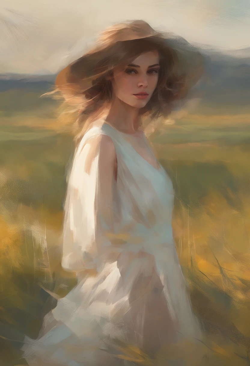 Portrait of a cute woman in a bright windy field, Fluss, (Hintergrundbeleuchtung), realistisch, Meisterwerk, highest  quality, Blendenfleck, Schatten, bloom, [[chromatische Aberration]], von Jeremy Lipking, von Antonio J. Manzanedo, Digitale Malerei, Style-GlassFinal, natural skin texture