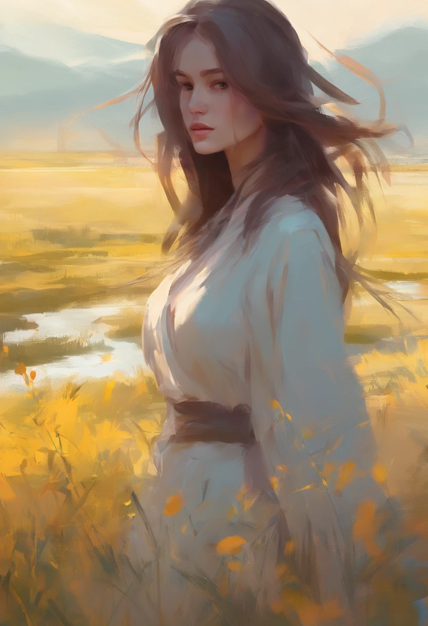 Portrait of a cute woman in a bright windy field, Fluss, (Hintergrundbeleuchtung), realistisch, Meisterwerk, highest  quality, Blendenfleck, Schatten, bloom, [[chromatische Aberration]], von Jeremy Lipking, von Antonio J. Manzanedo, Digitale Malerei, Style-GlassFinal, natural skin texture