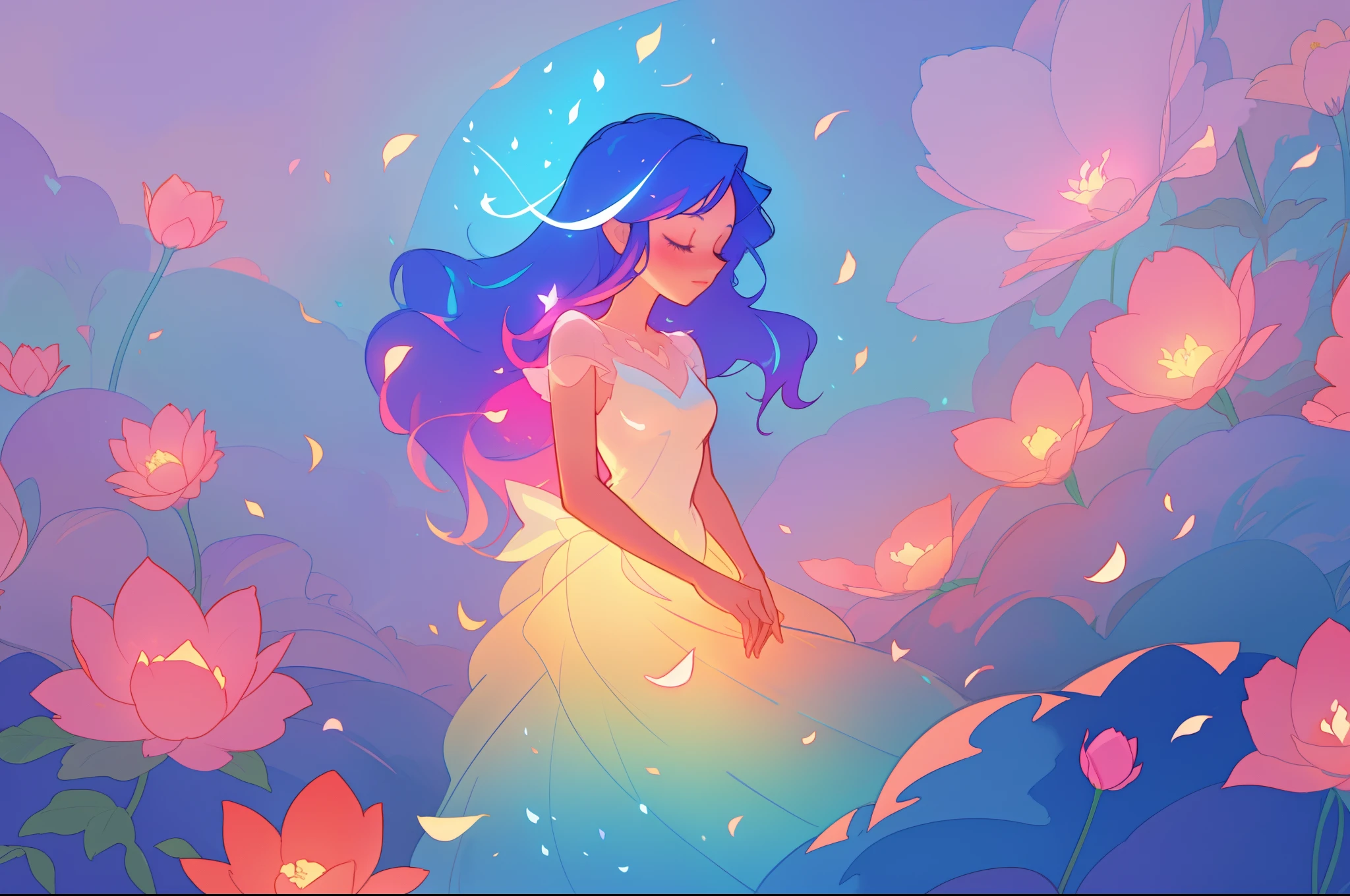 beautiful girl in flowing ballgown, flower fairy in a dress made of flower petals, flowers and colorful plants, inspired by Glen Keane, inspired by Lois van Baarle, disney art style, by Lois van Baarle, glowing aura around her, by Glen Keane, jen bartel, glowing lights! digital painting, flowing glowing hair, glowing flowing hair, beautiful digital illustration, fantasia otherworldly landscape plants flowers, beautiful, masterpiece, best quality, anime disney style
