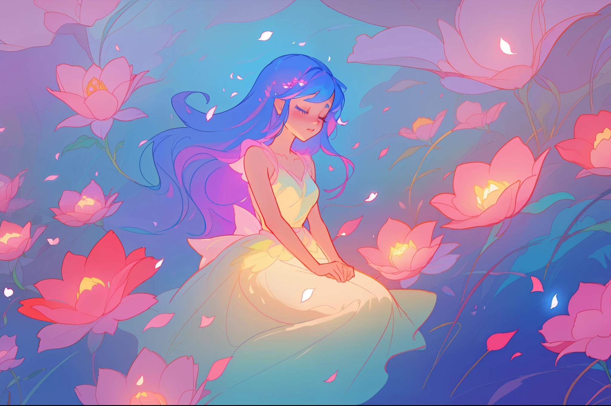 beautiful girl in flowing ballgown, flower fairy in a dress made of flower petals, flowers and colorful plants, inspired by Glen Keane, inspired by Lois van Baarle, disney art style, by Lois van Baarle, glowing aura around her, by Glen Keane, jen bartel, glowing lights! digital painting, flowing glowing hair, glowing flowing hair, beautiful digital illustration, fantasia otherworldly landscape plants flowers, beautiful, masterpiece, best quality, anime disney style