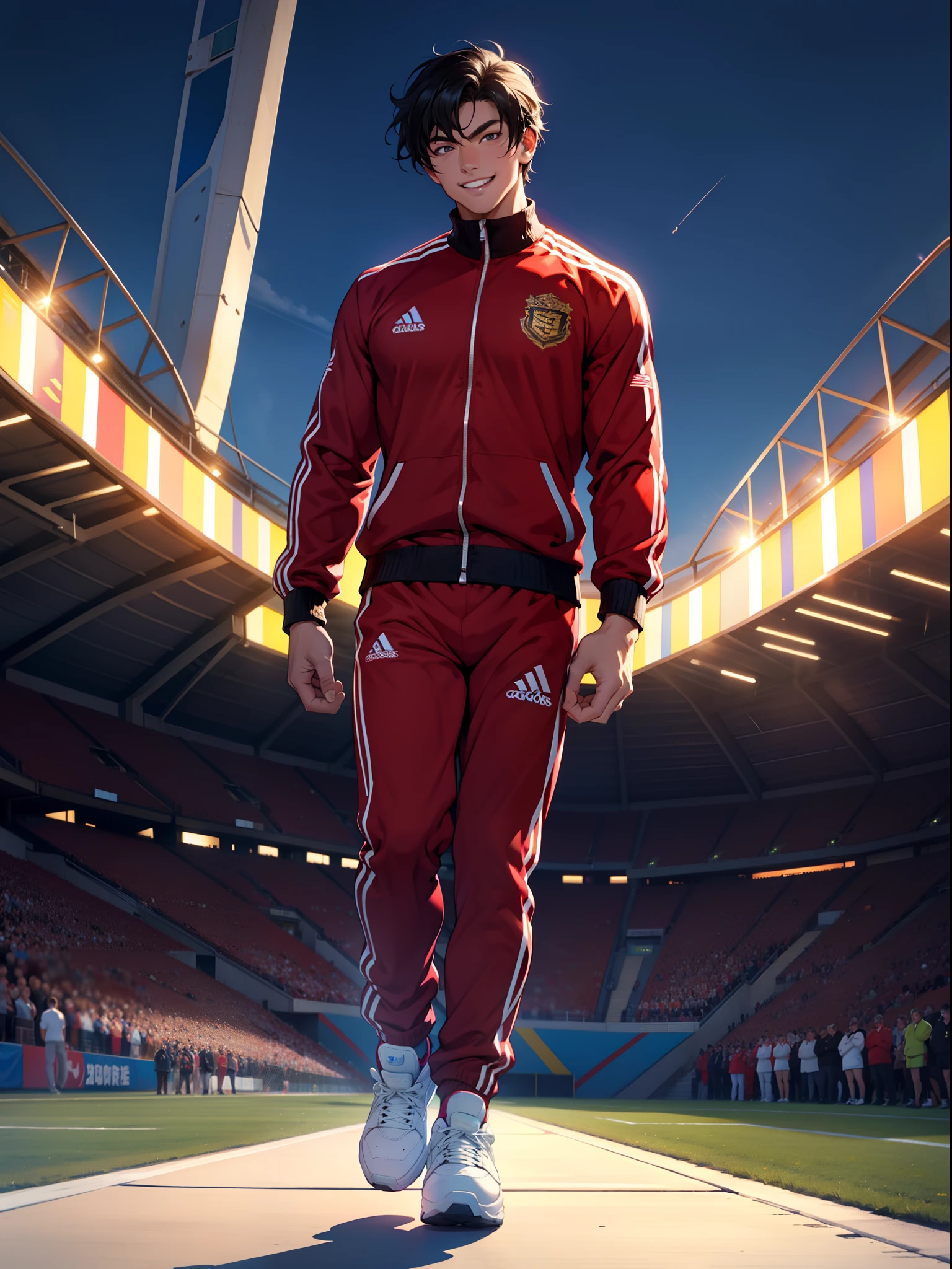 Masterpiece,Best quality,8K,A handsome boy,athlete, Black hair,Buzz Carterbig, Eyes,Detailed background,Inside large sports venues,On the field runway,Smile,cheerfulness, Walking,Red long sleeve tracksuit suit,Decorated with gold lettering, White sneakers, Upper body, Close short,from the front side,The stands were packed with spectators,Opening ceremony of the major games,Night view, Bright lights