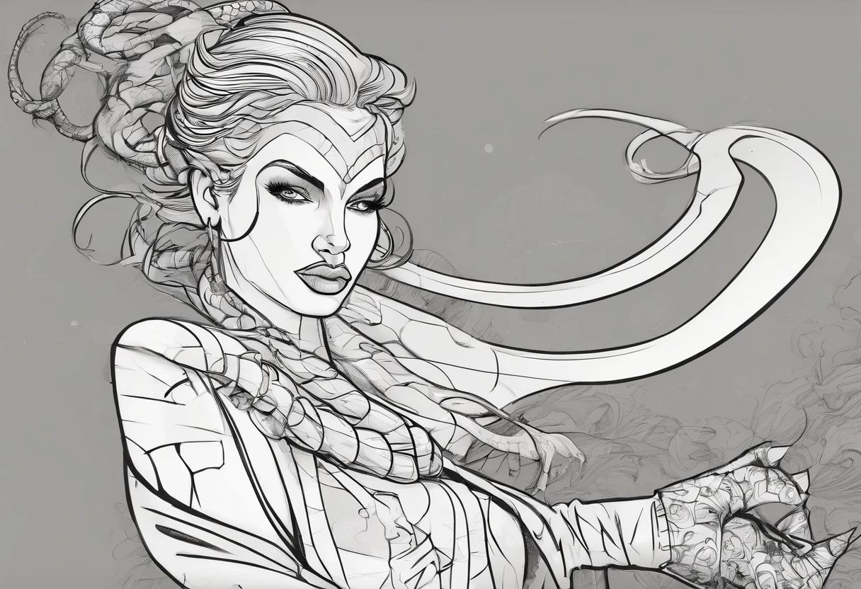 (comic art style), ink on paper, character turnaround sheet, medusa, gorgon, snakefolk, woman snake hybrid, lower body snake tail. full body portrait, masterpiece, craftsmanship nuance, color pieces, sketchbook, hand drawn, dark, gritty, realistic sketch, rough sketch, mix of dark bold lines and loose lines, bold lines, on paper, twisted character sheet, comics of the 1990's, harsh ink lines, expressive ink techniques, distinctive line work, precise harsh strokes, dynamic expressive linework)