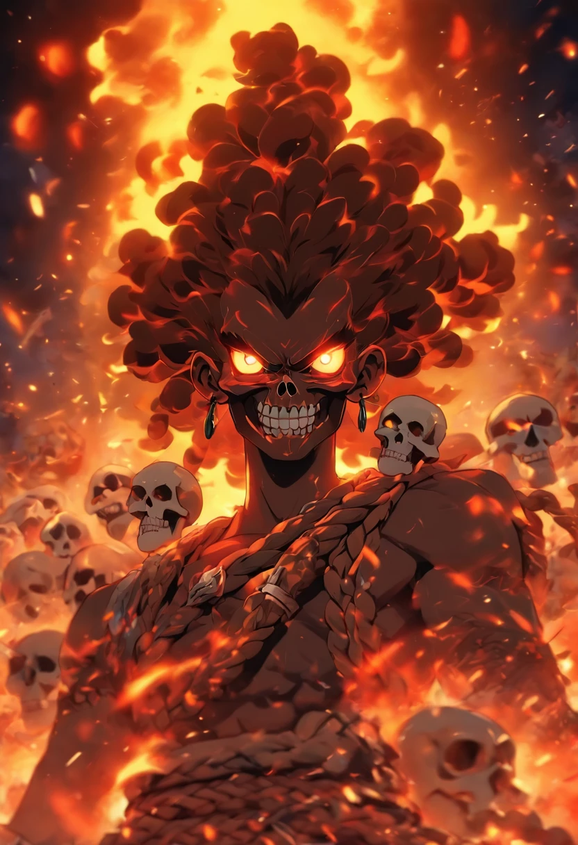 She stands tall, mulher forte, tem muito tempo, braided hair, pele branca sem cicatrizes aparentes, olhos castanhos. Commonly uses props made from human skulls. He is an explosive and cheerful person. A big axe in the hand